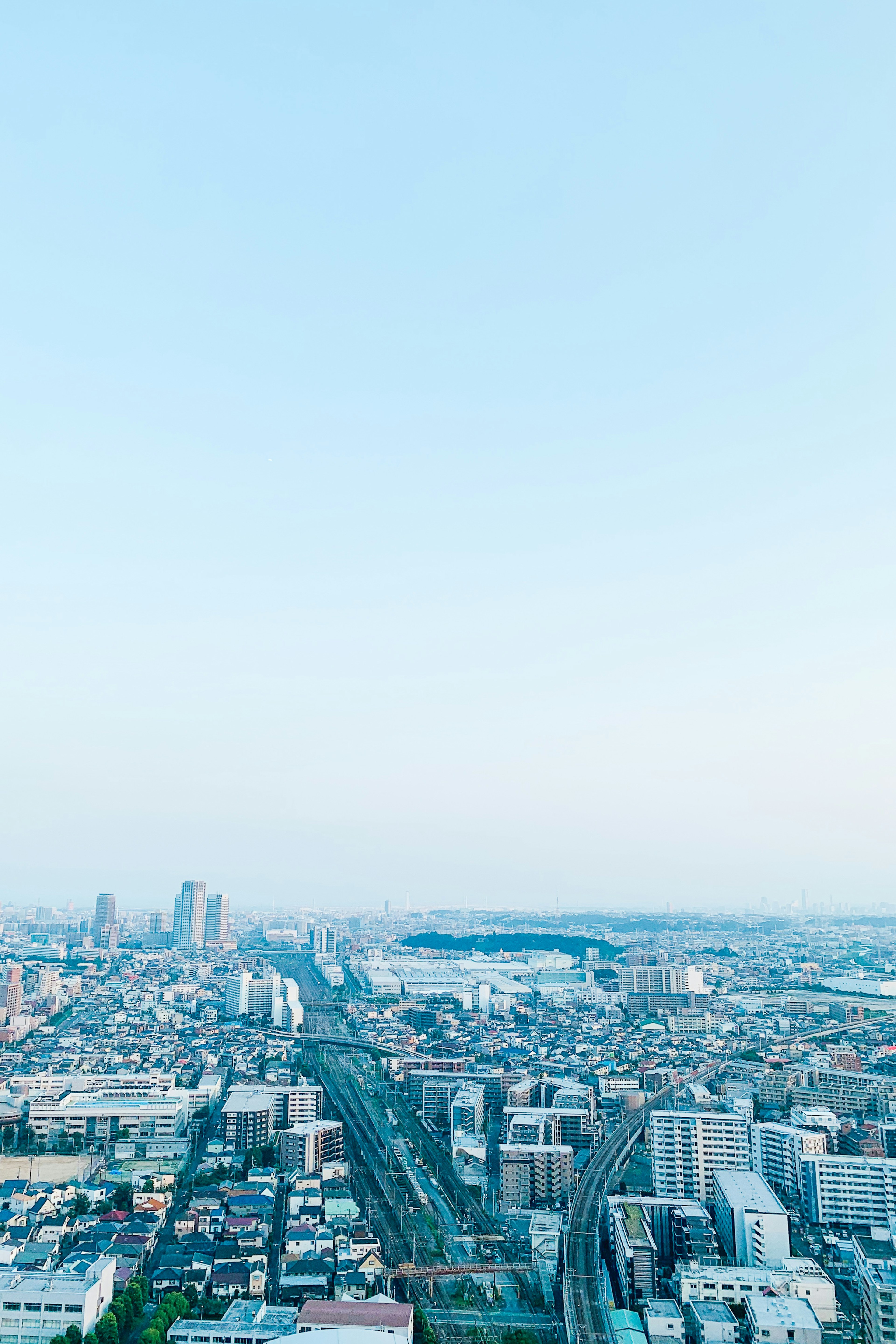 東京の高層ビルと住宅街の広がりを見渡す青い空の風景