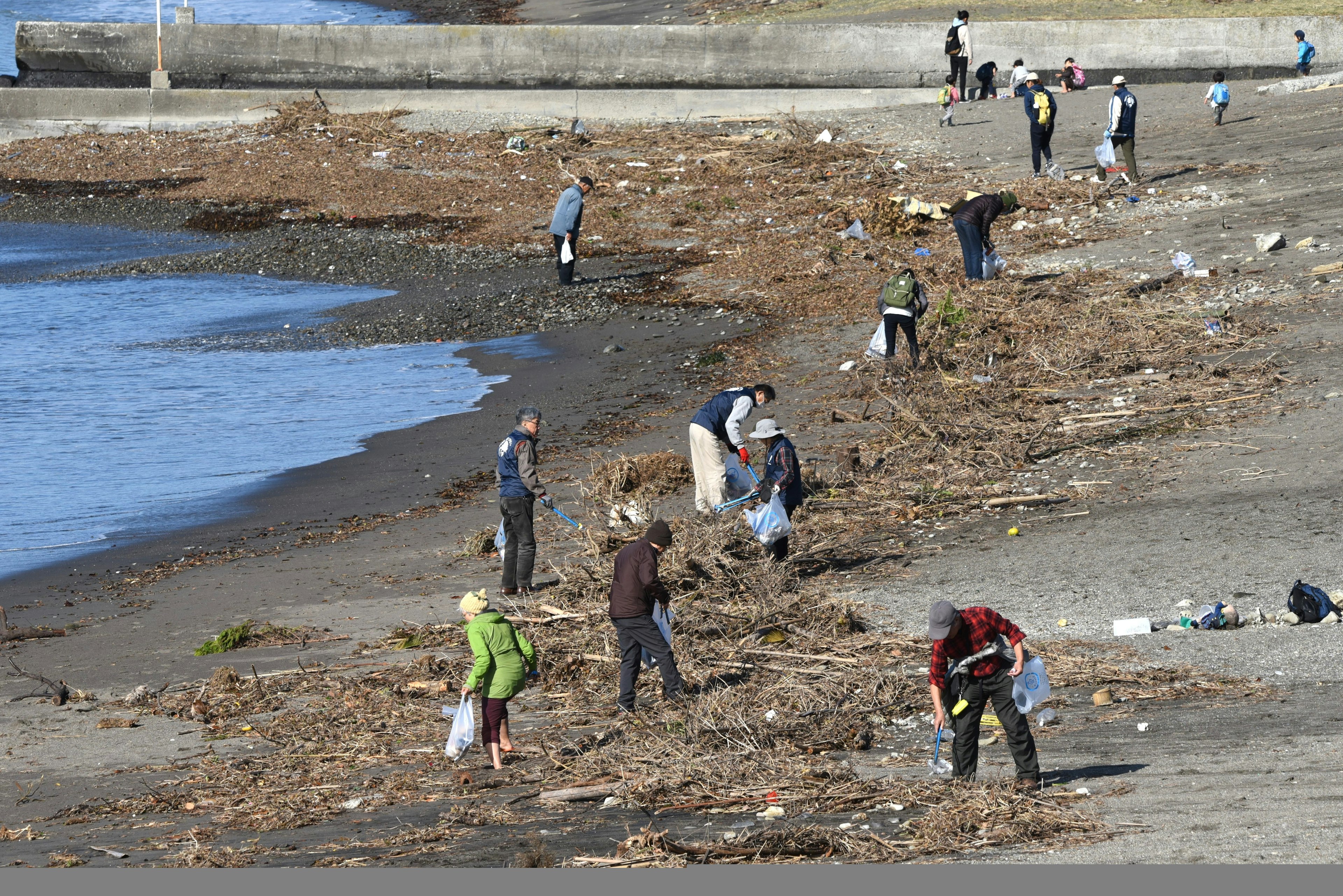 Volunteers cleaning up trash on a beach