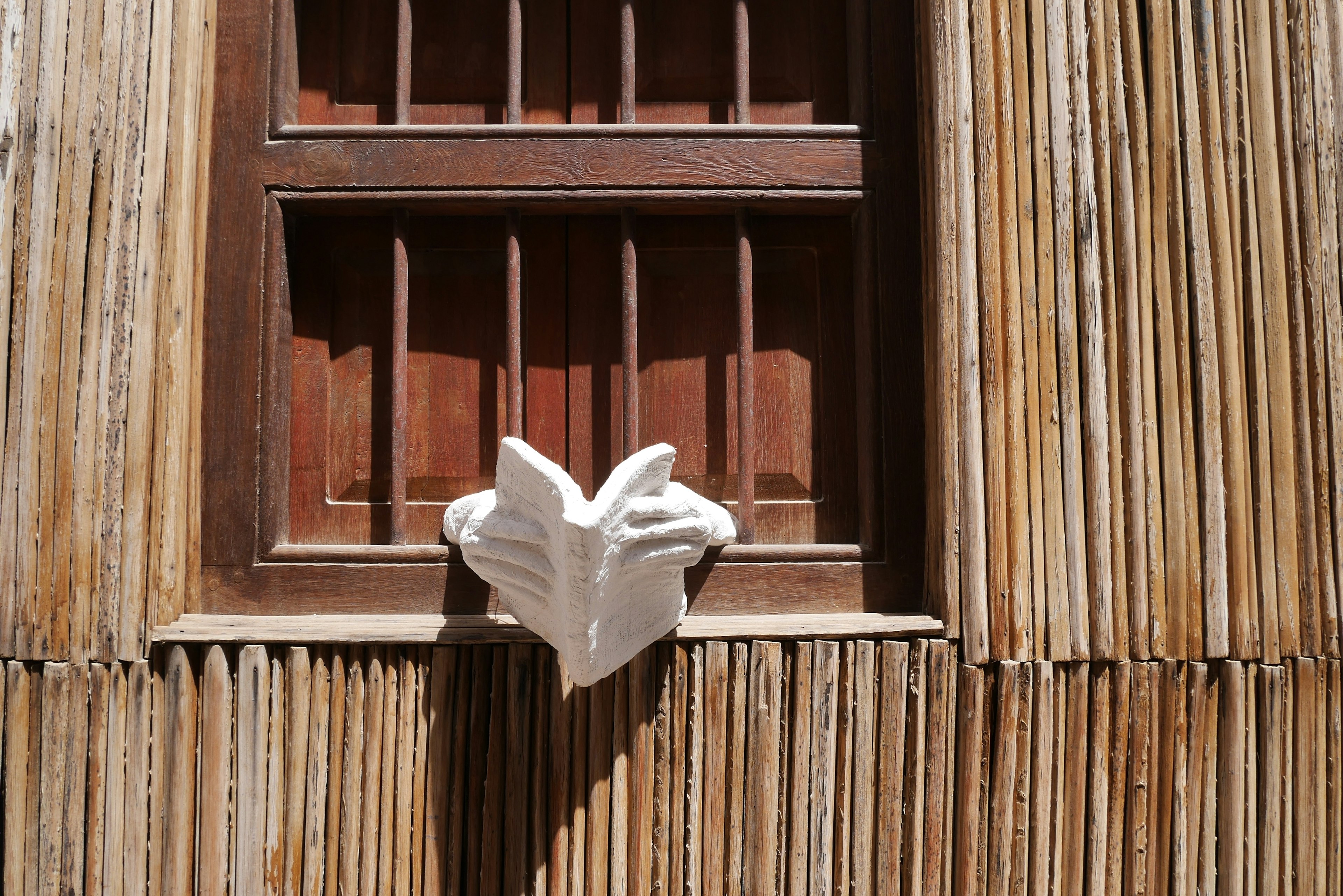 Un libro blanco sostenido por manos en una ventana de madera