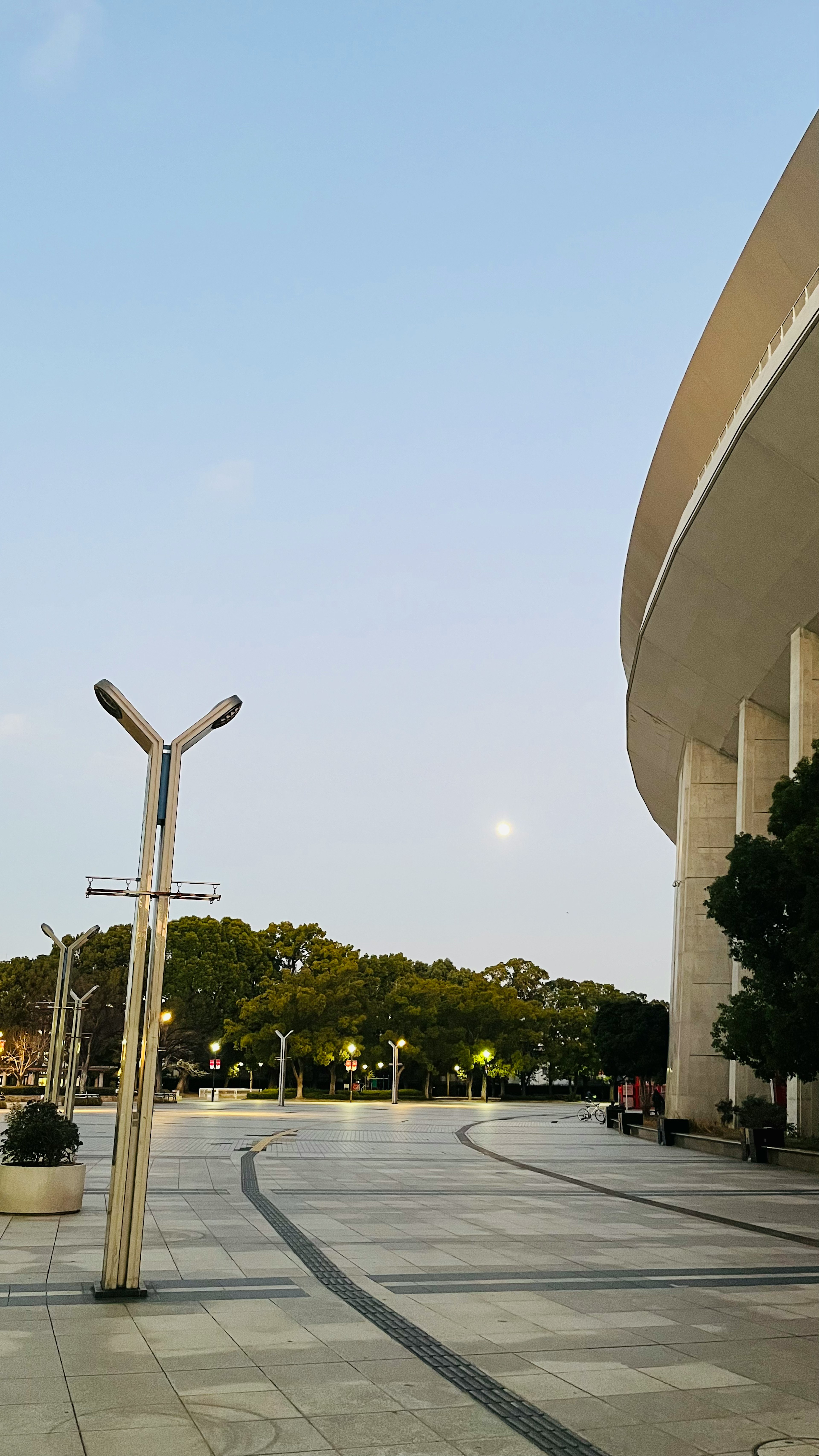 広い広場と月が見える空の景色 建物の曲線と周囲の木々