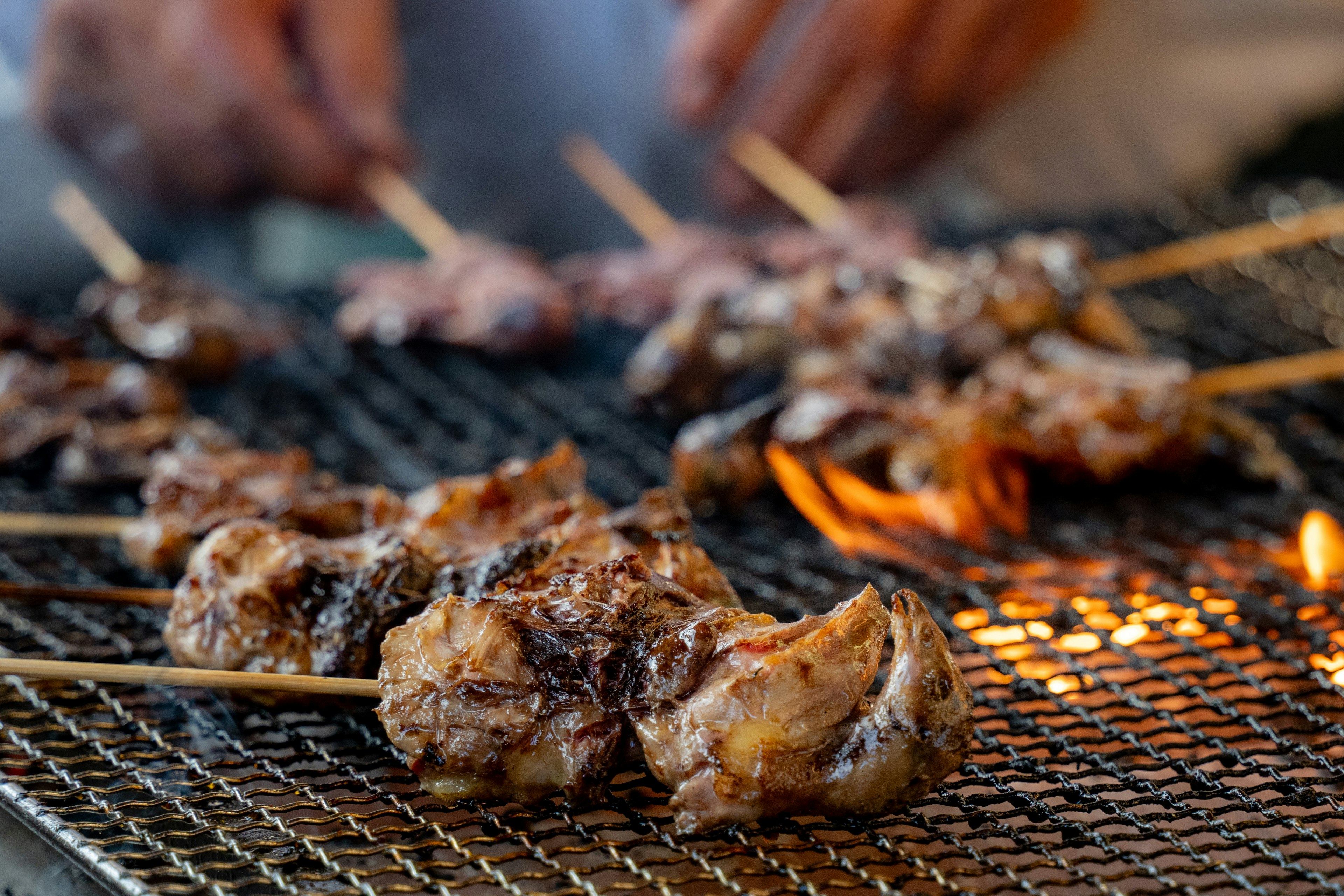 Brochetas de carne a la parrilla sobre llamas de carbón