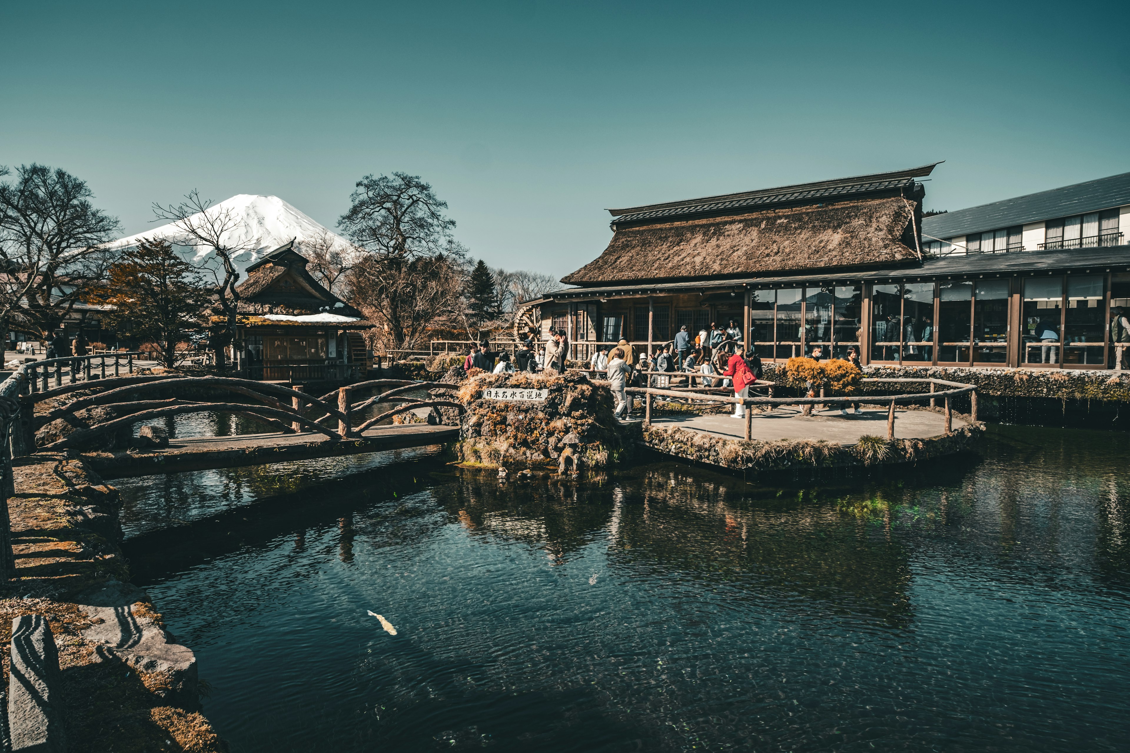 Scenic view of traditional Japanese buildings by a pond with Mount Fuji in the background