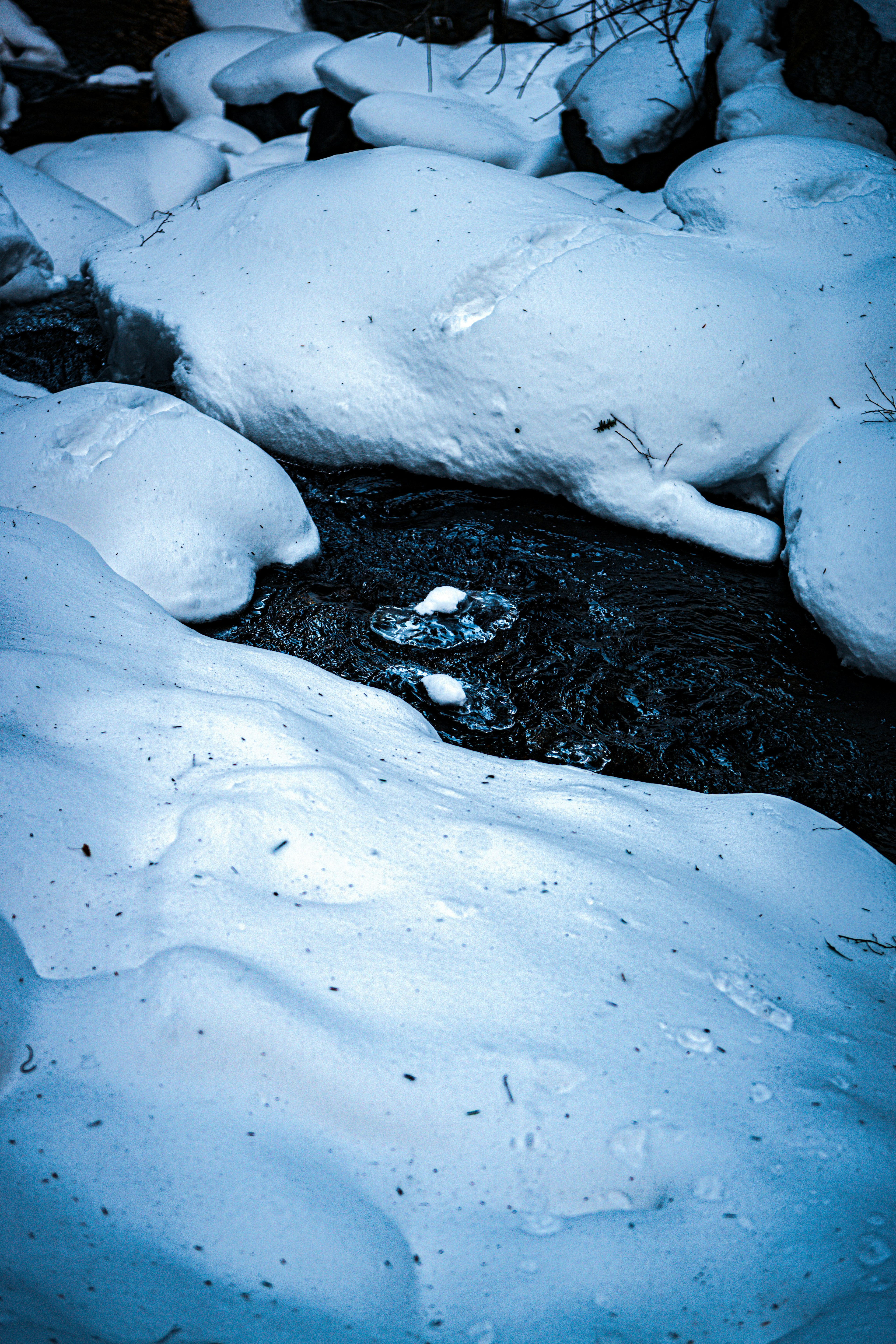 Escena invernal que muestra un río fluyendo bajo la nieve