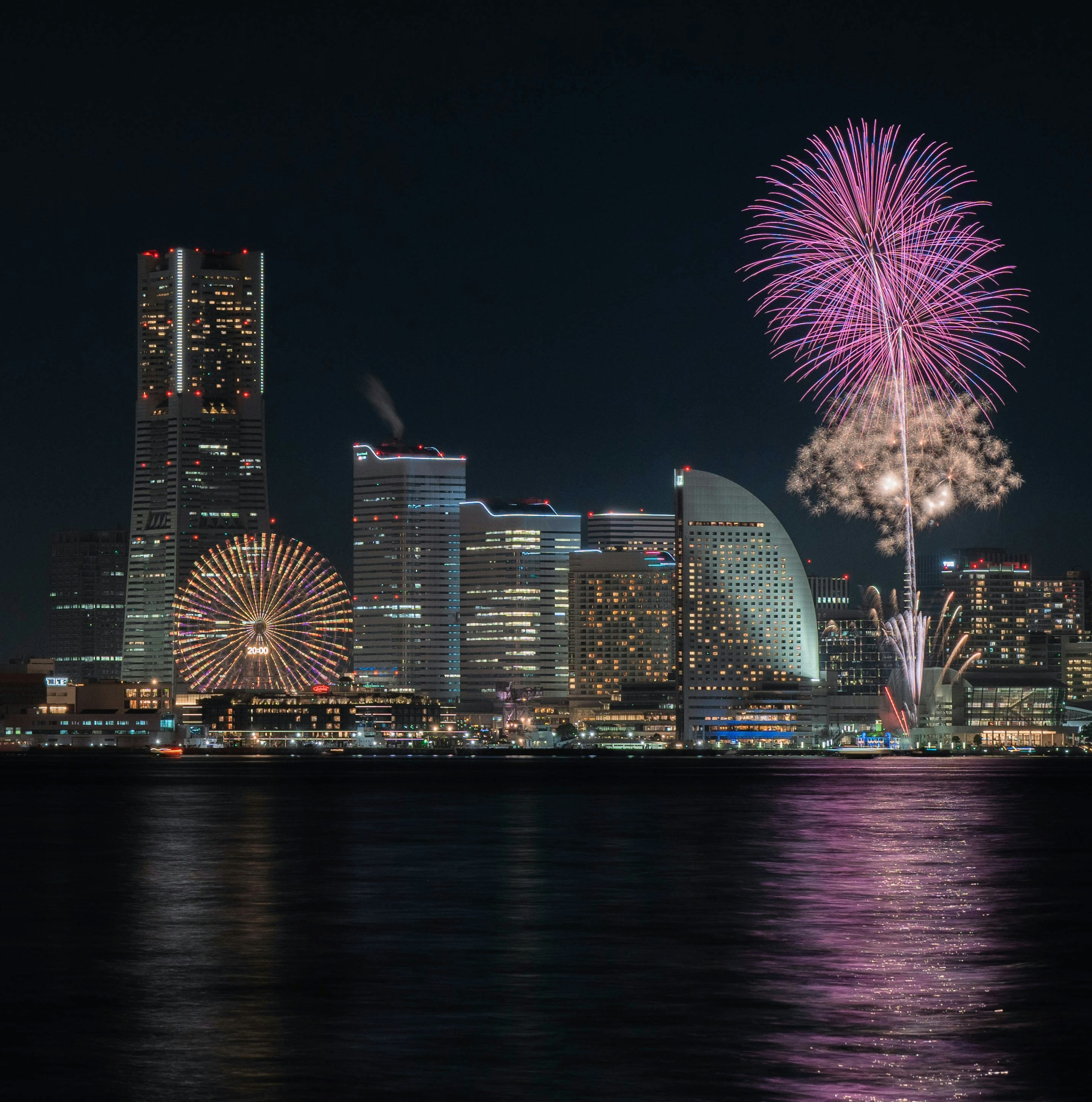 Beautiful Yokohama skyline with fireworks at night