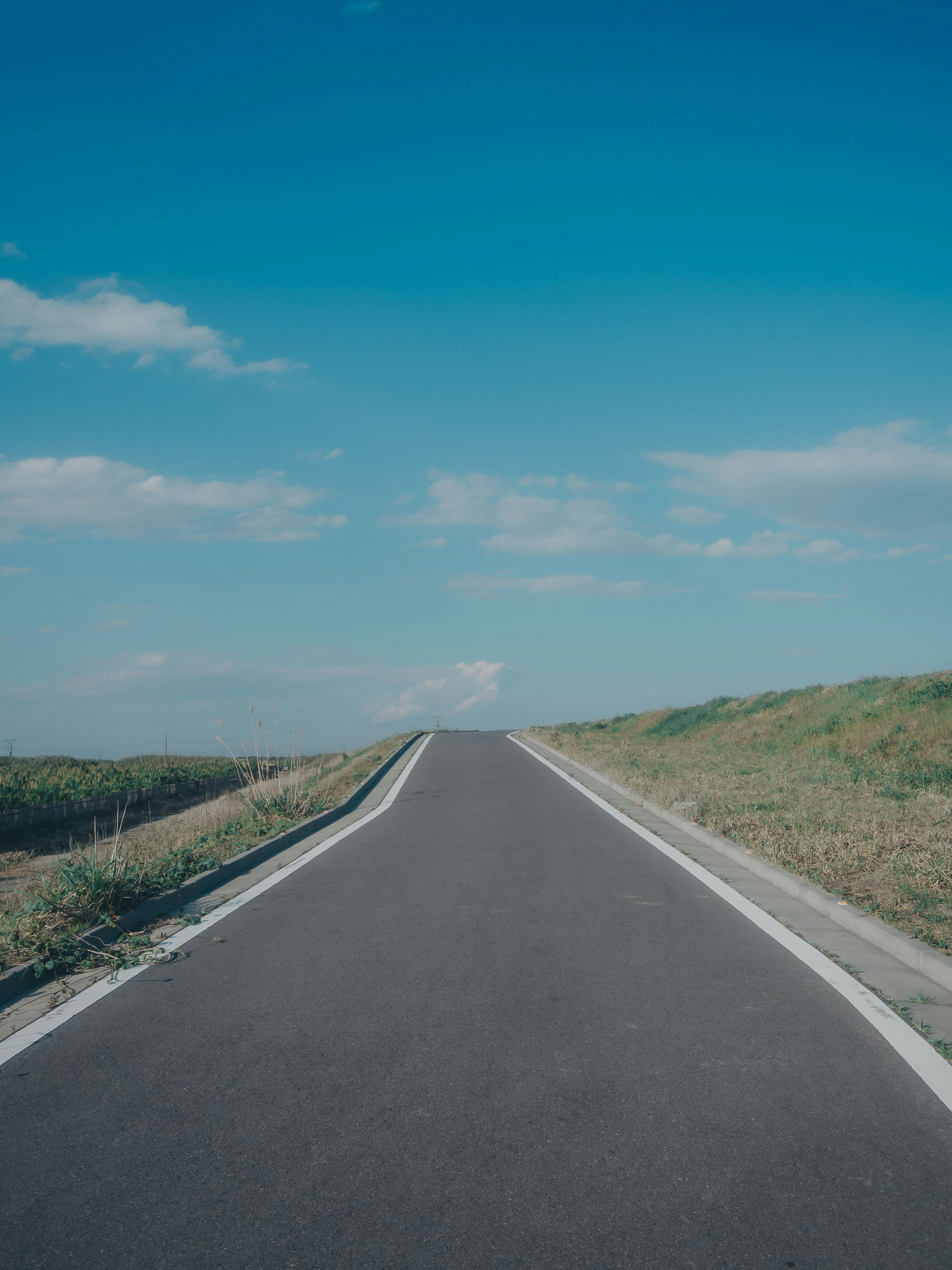 Carretera recta bajo un cielo azul con hierba verde a los lados