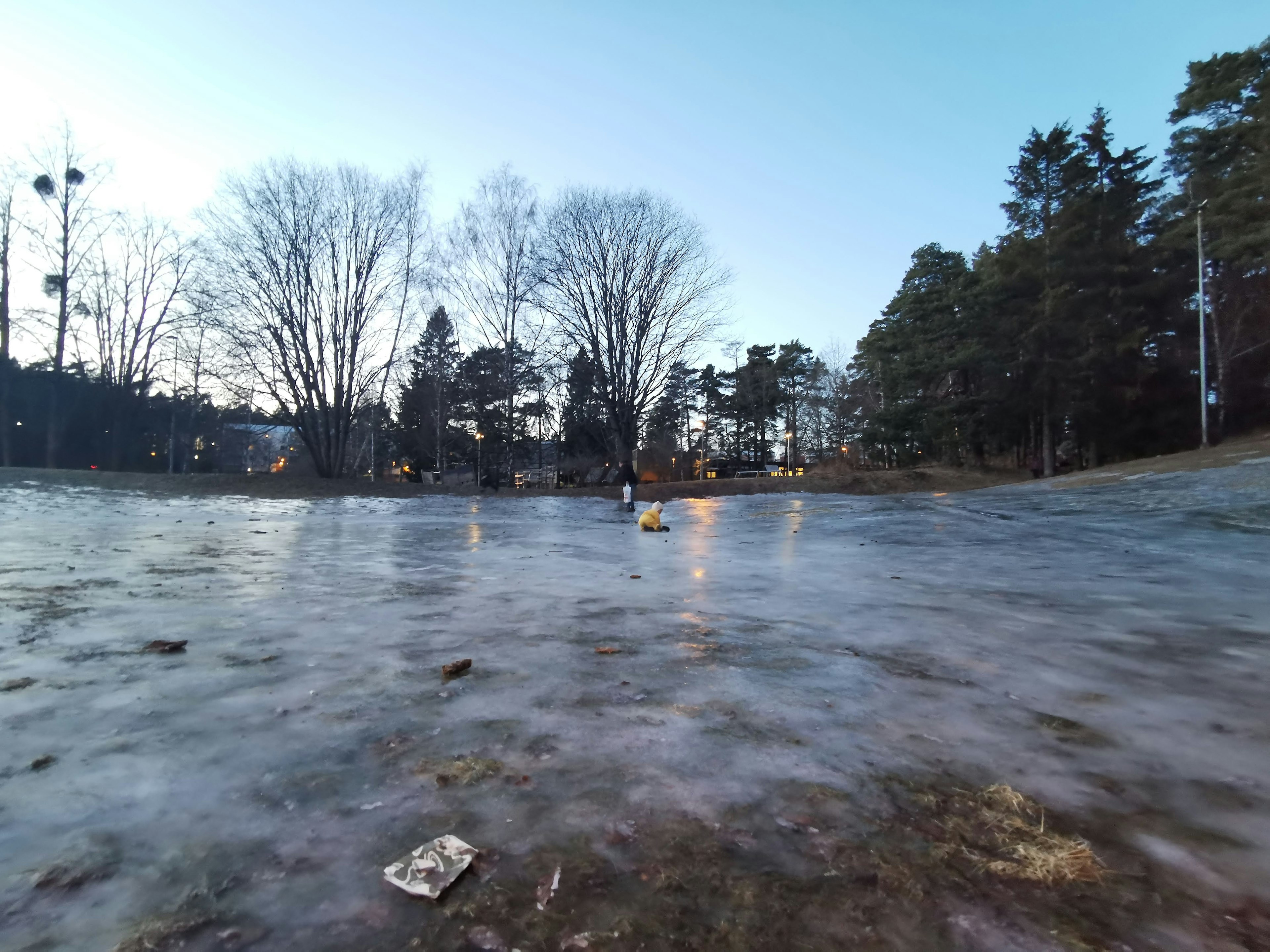 Personne debout sur la glace avec paysage d'hiver