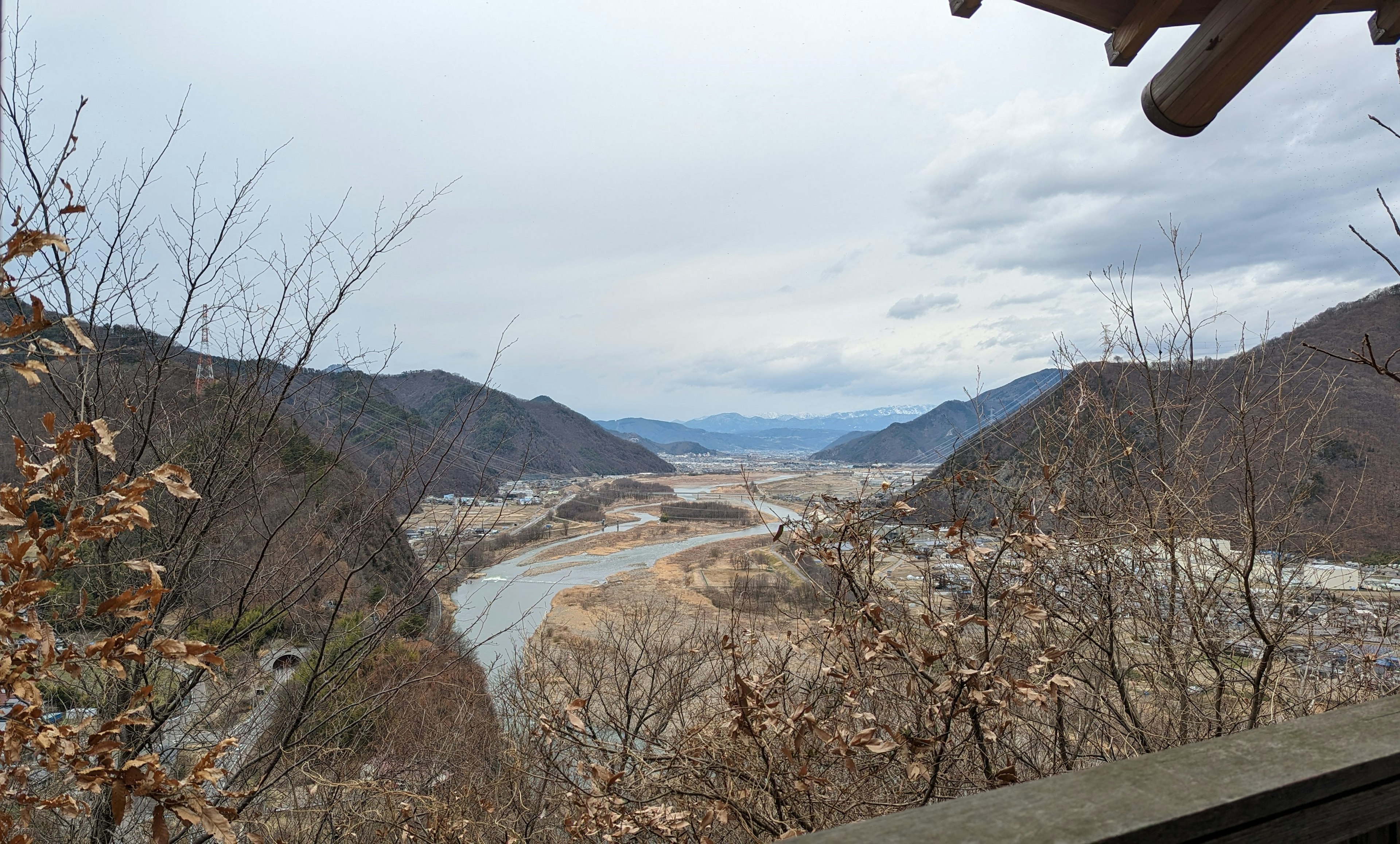 山と川の美しい風景 朽ちた木の葉が特徴的