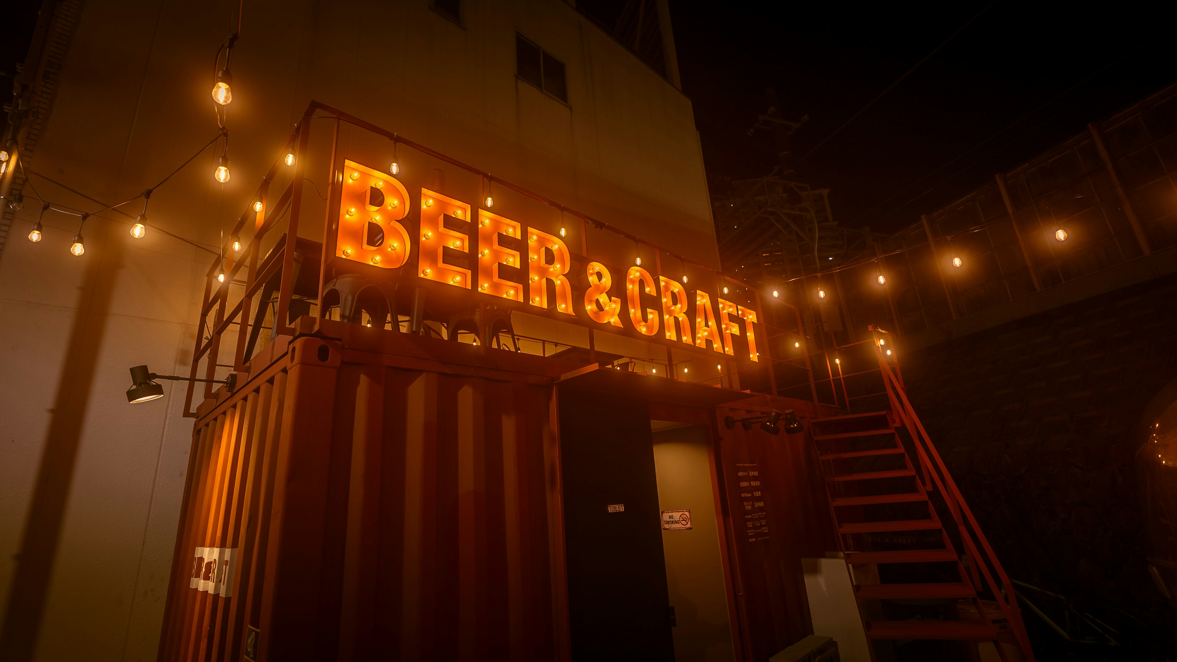 Bright sign for Beer & Craft with surrounding lights