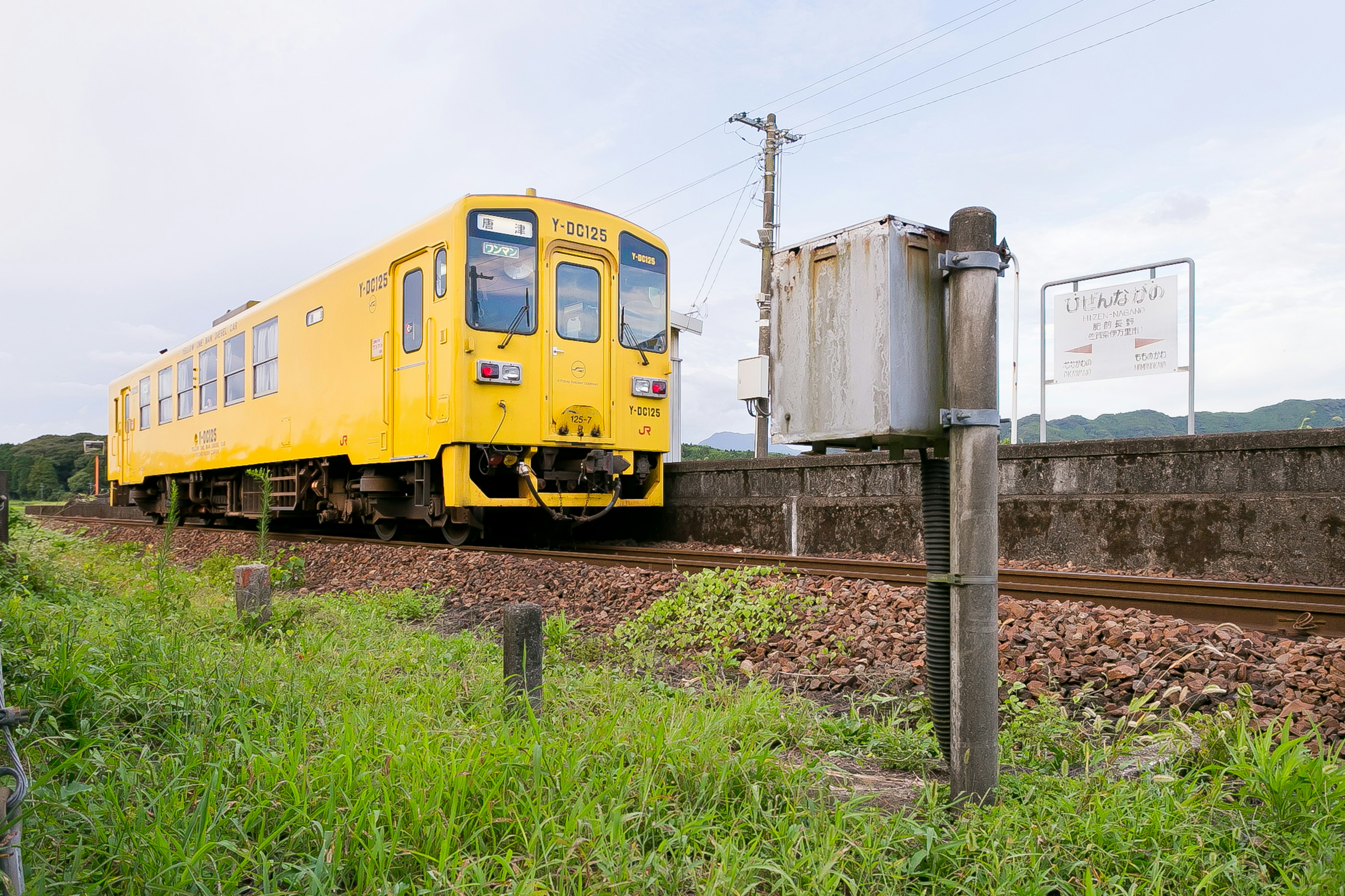 Un tren amarillo en las vías con hierba verde y un poste de señal