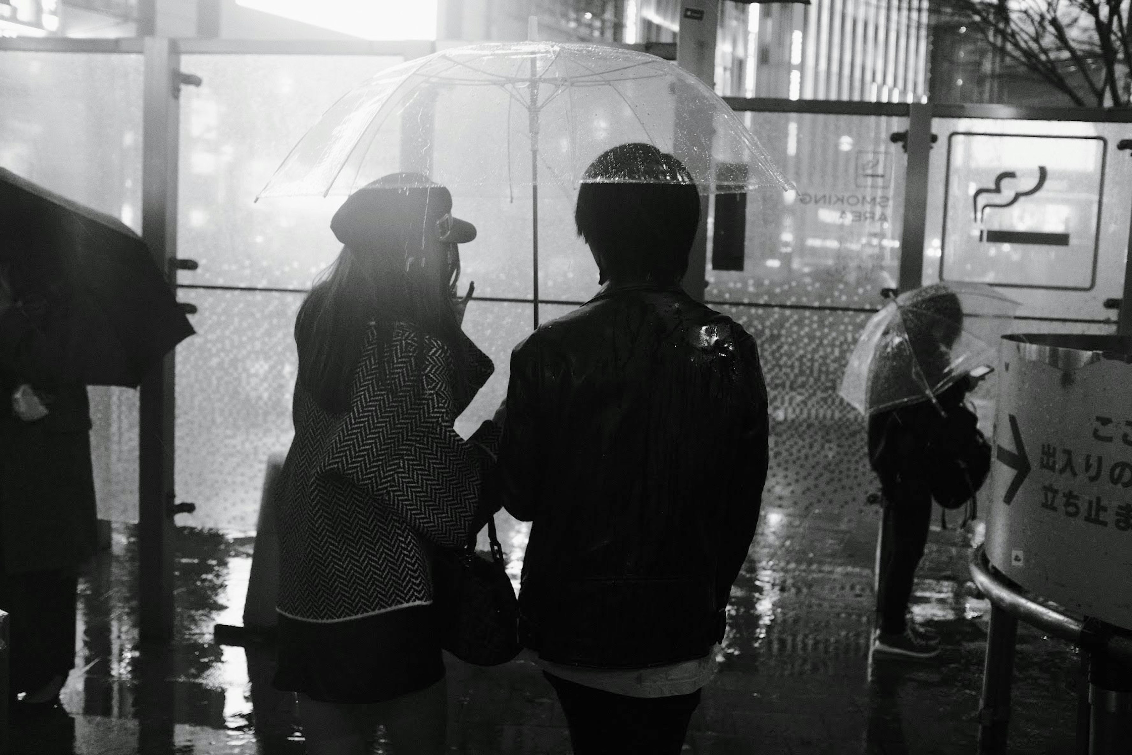 Two figures with their backs to the camera in the rain with a blurred background