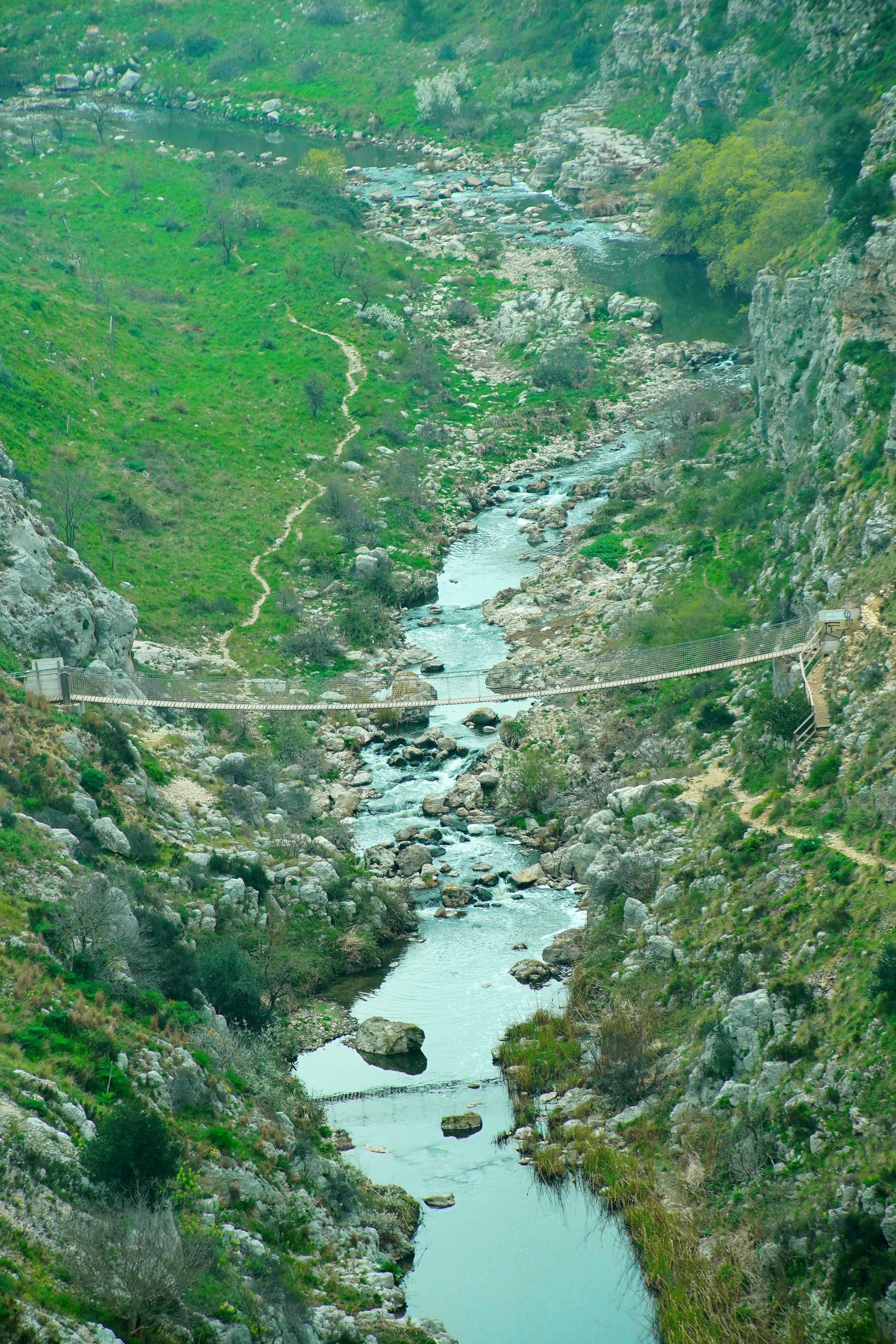 Vue panoramique d'un pont suspendu au-dessus d'une vallée luxuriante avec une rivière qui coule