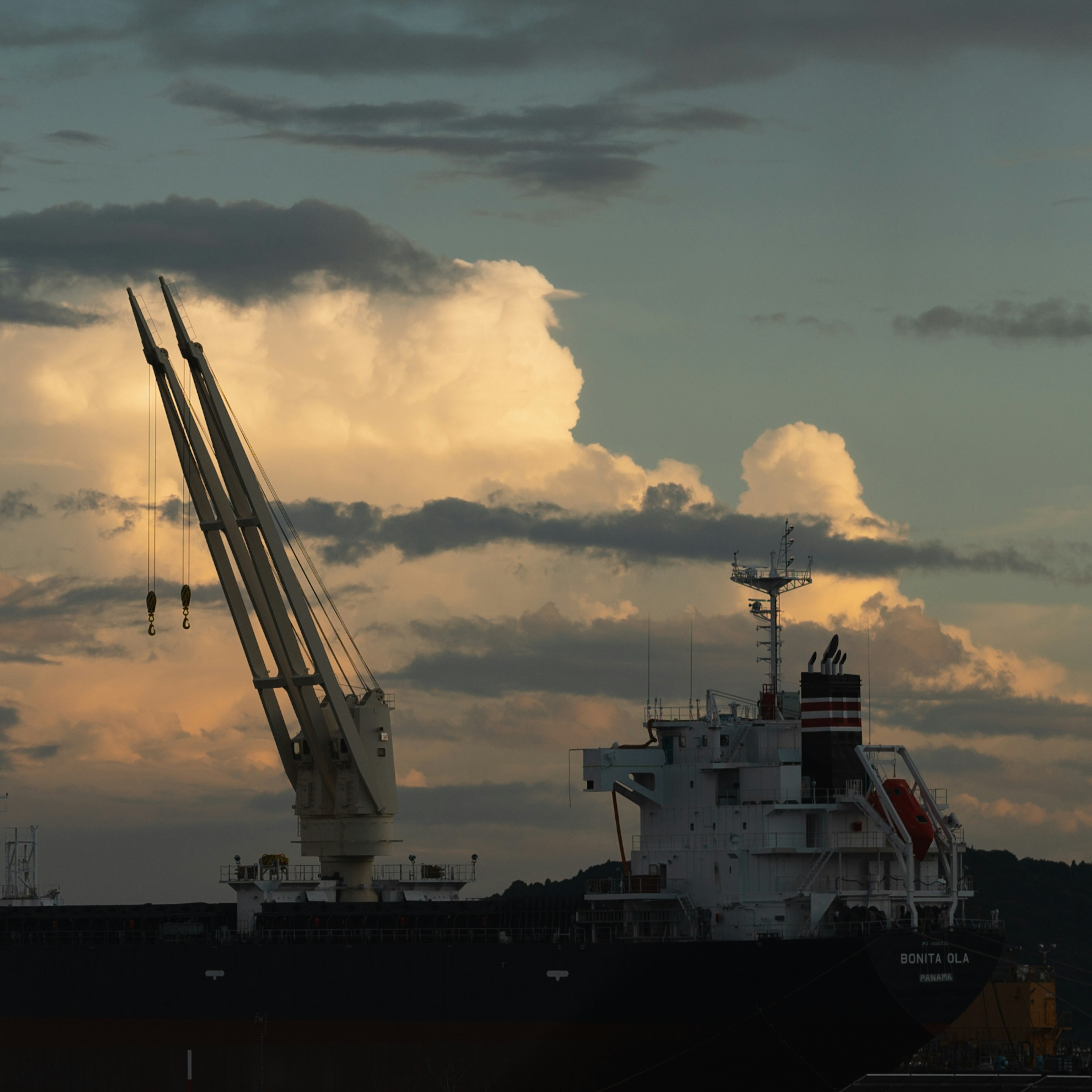 Silhouette di una nave cargo e di una gru nel porto