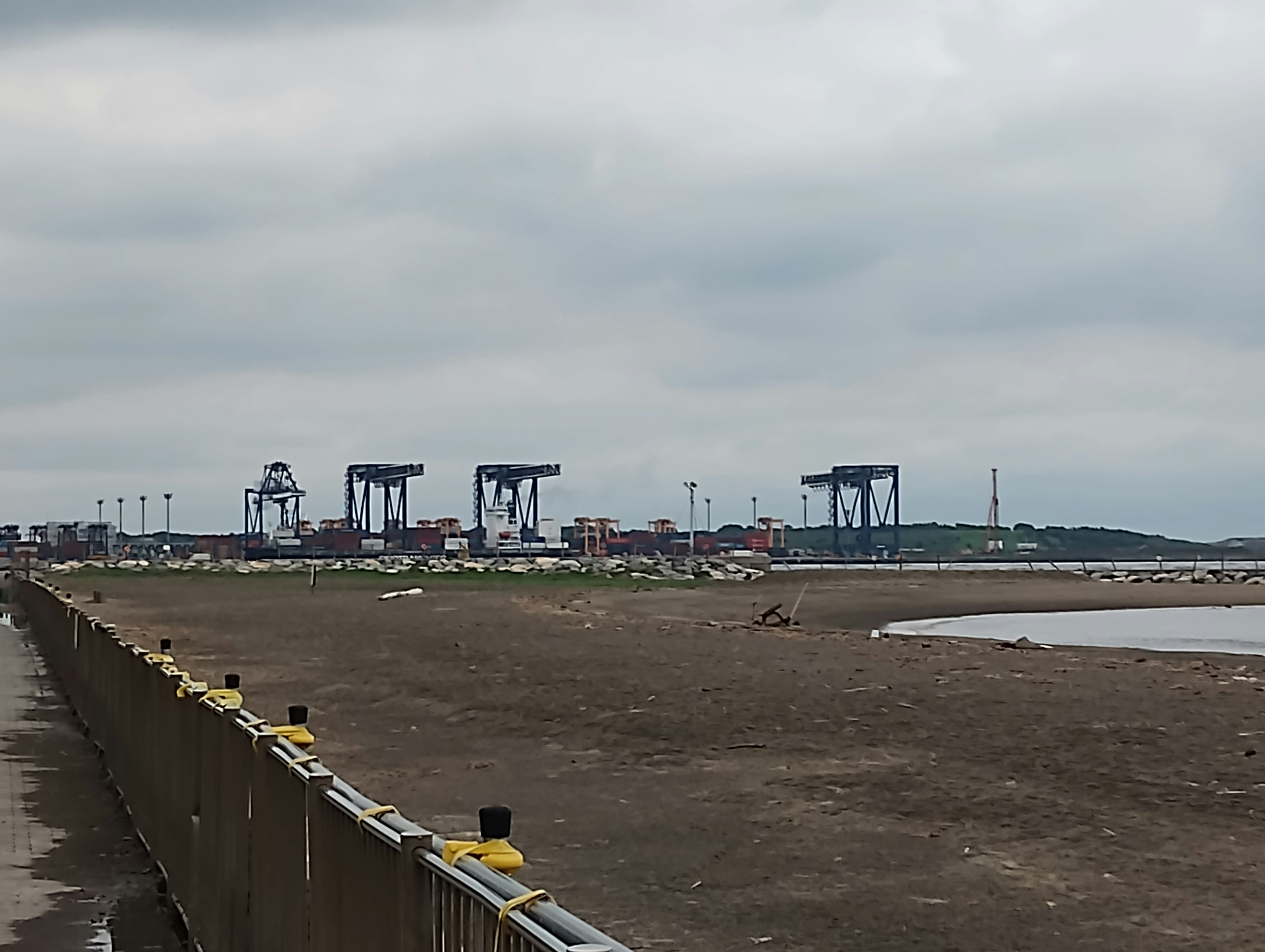 Coastal view featuring cranes and industrial structures