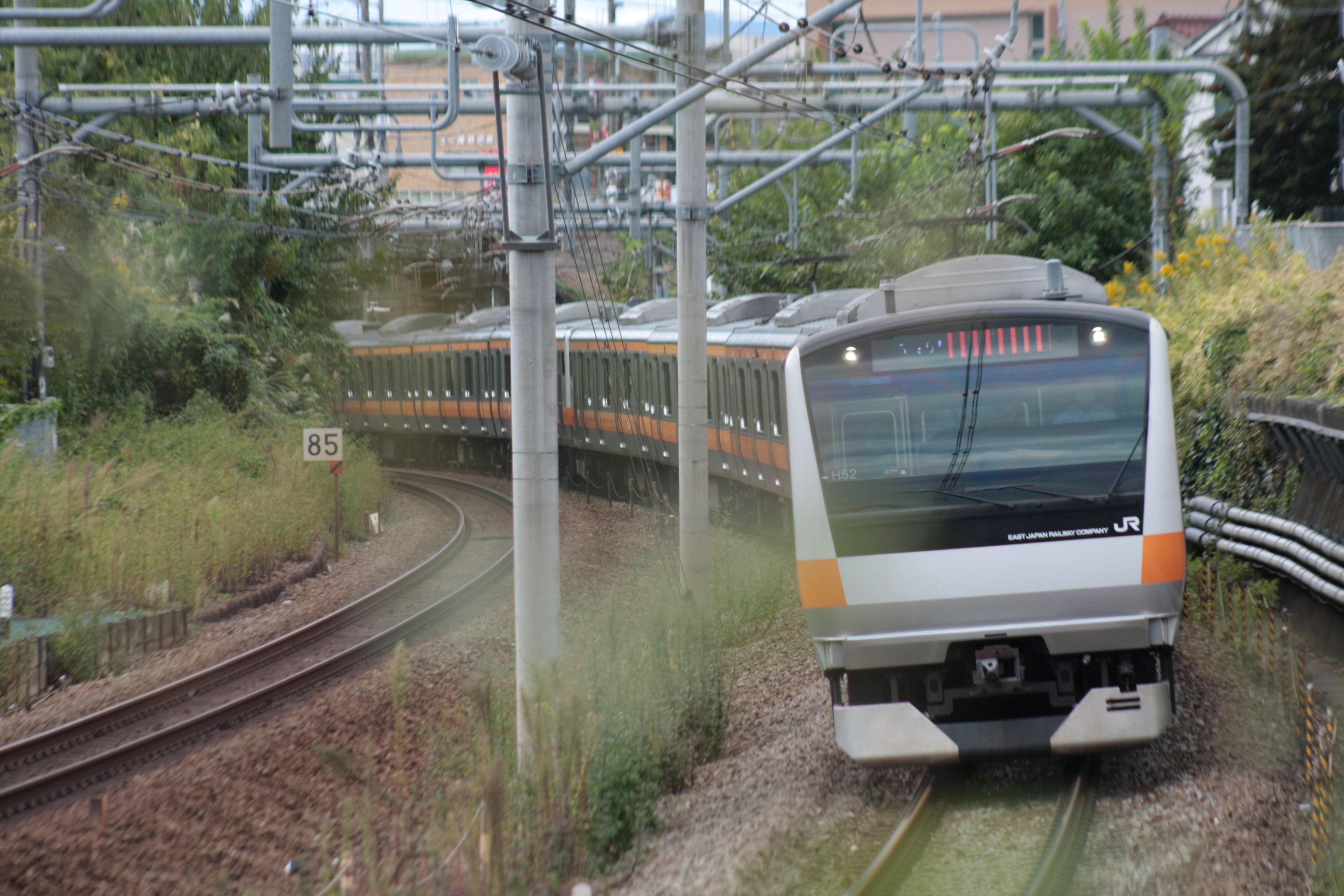 緑の環境の中を曲がる電車の近接ショット