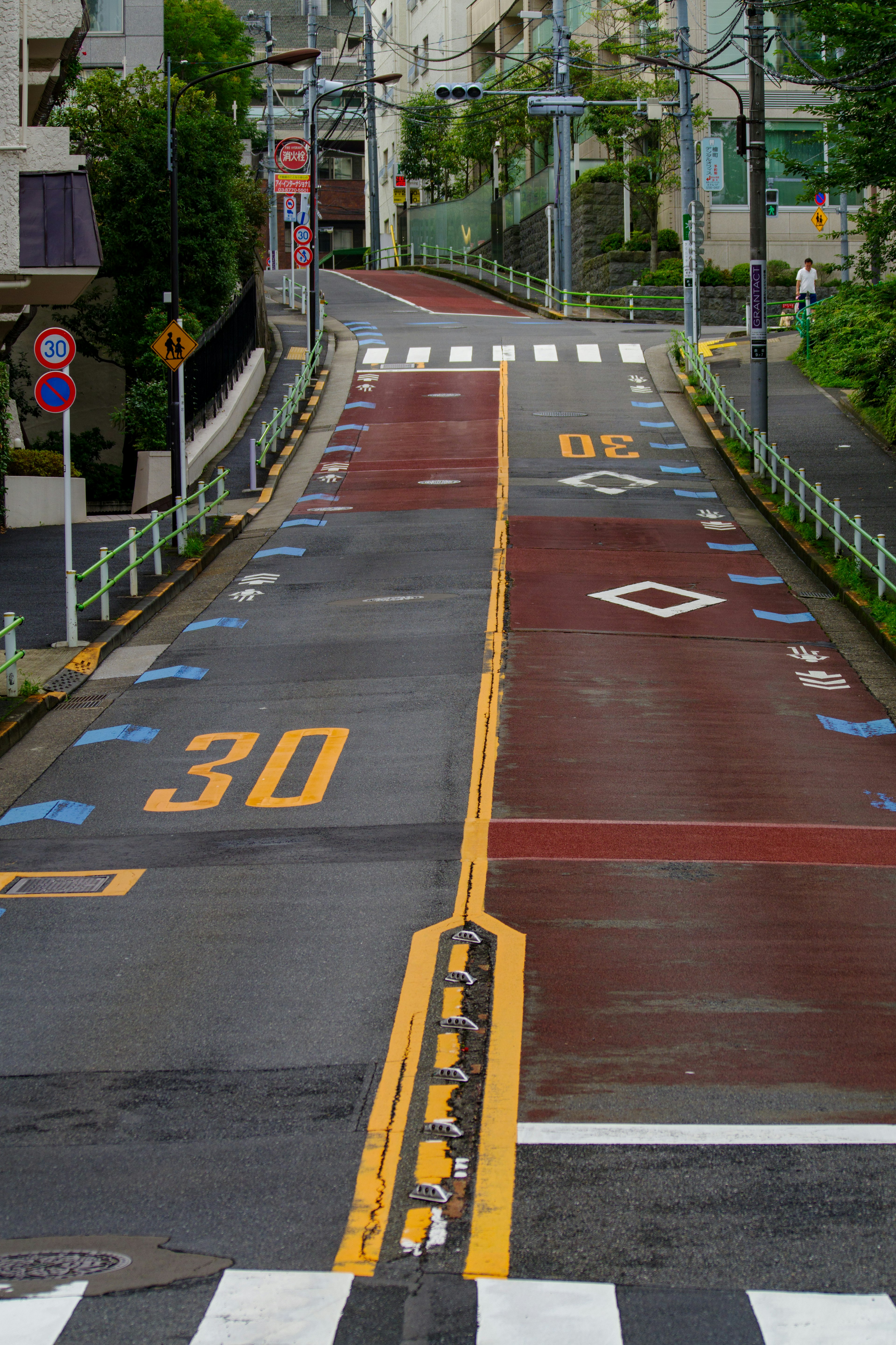 Wet road with speed limit signs 30 and 60 visible