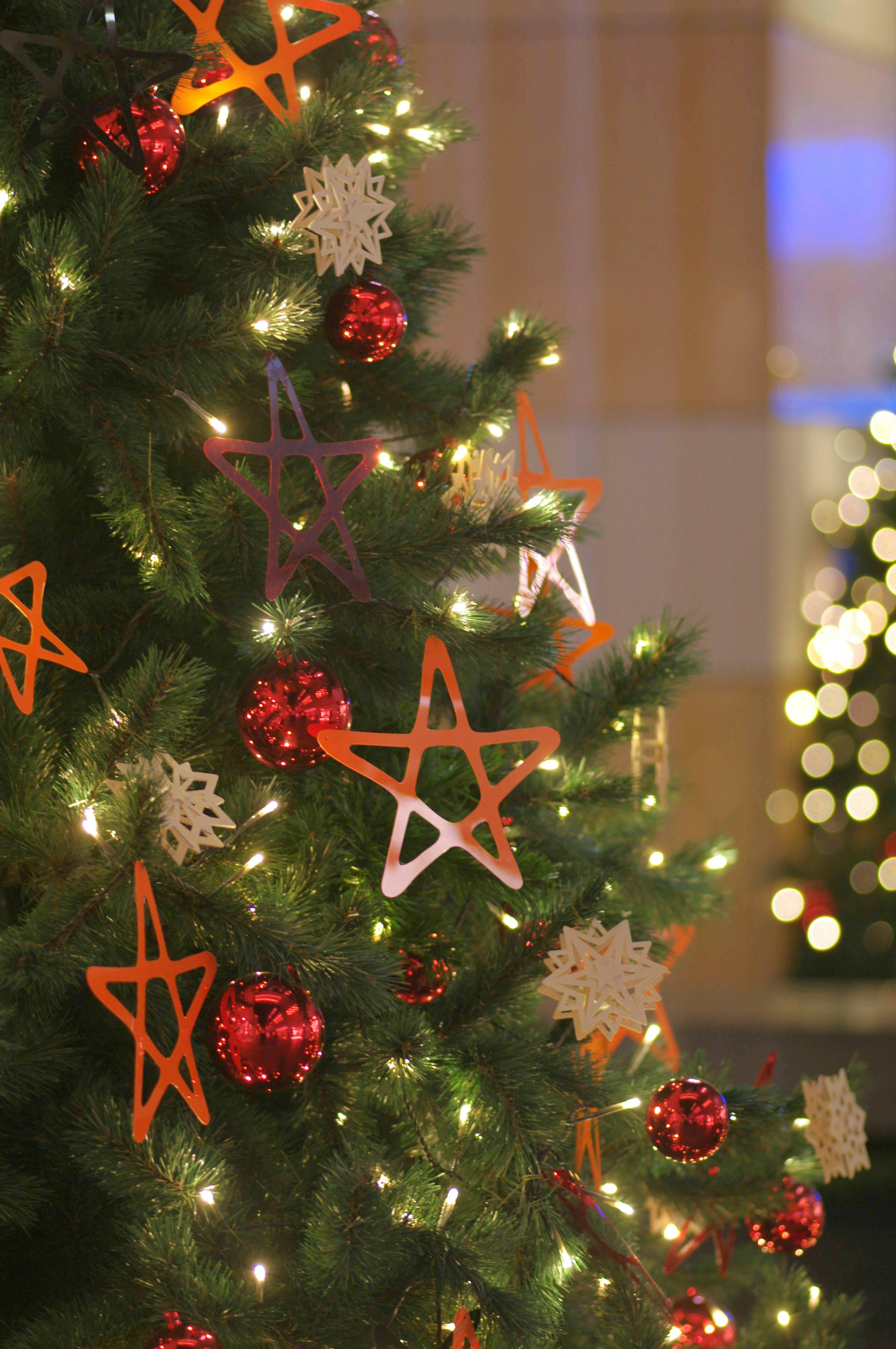 Christmas tree decorated with orange star ornaments and red baubles