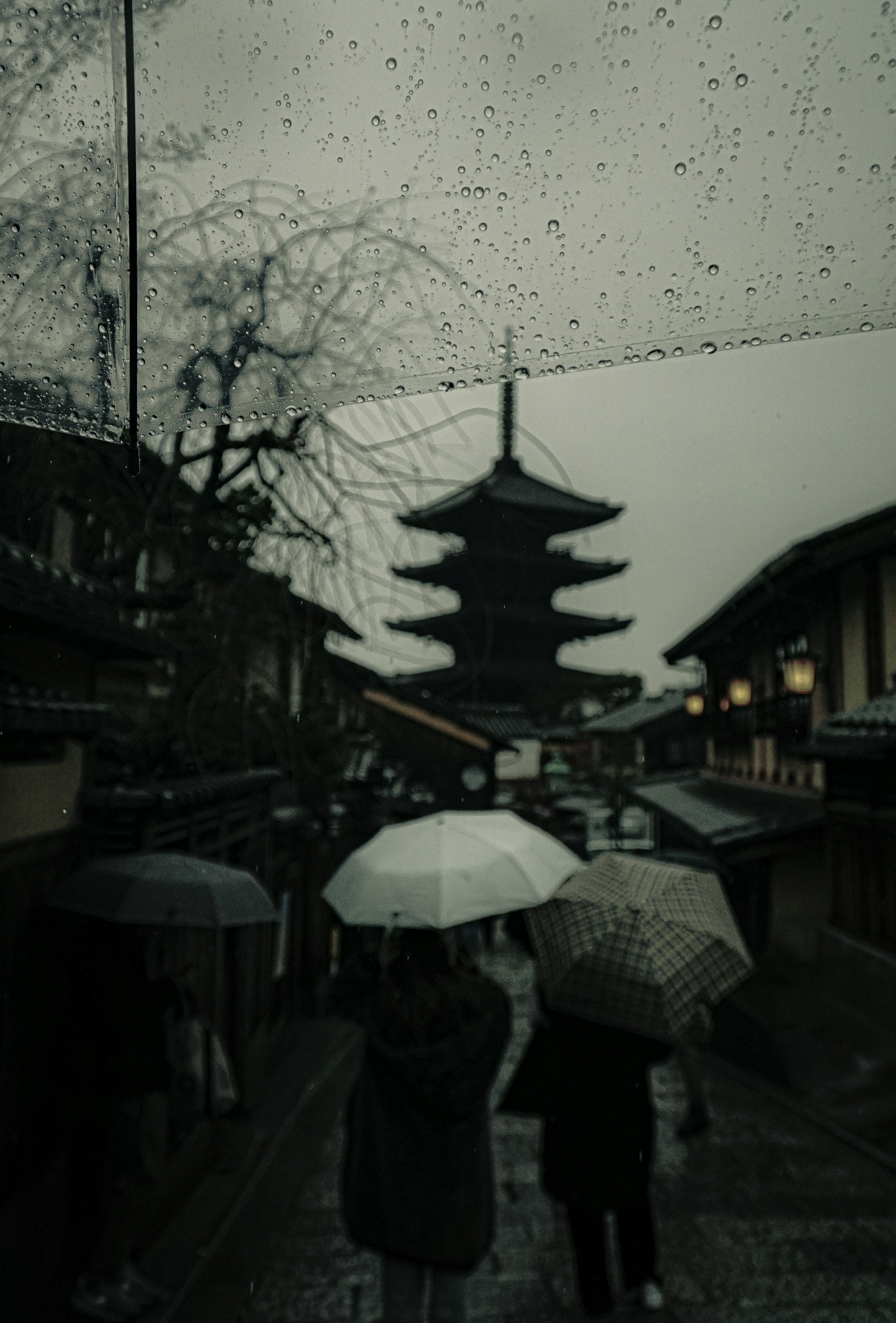 雨の中で傘をさして歩く人々と五重塔の風景