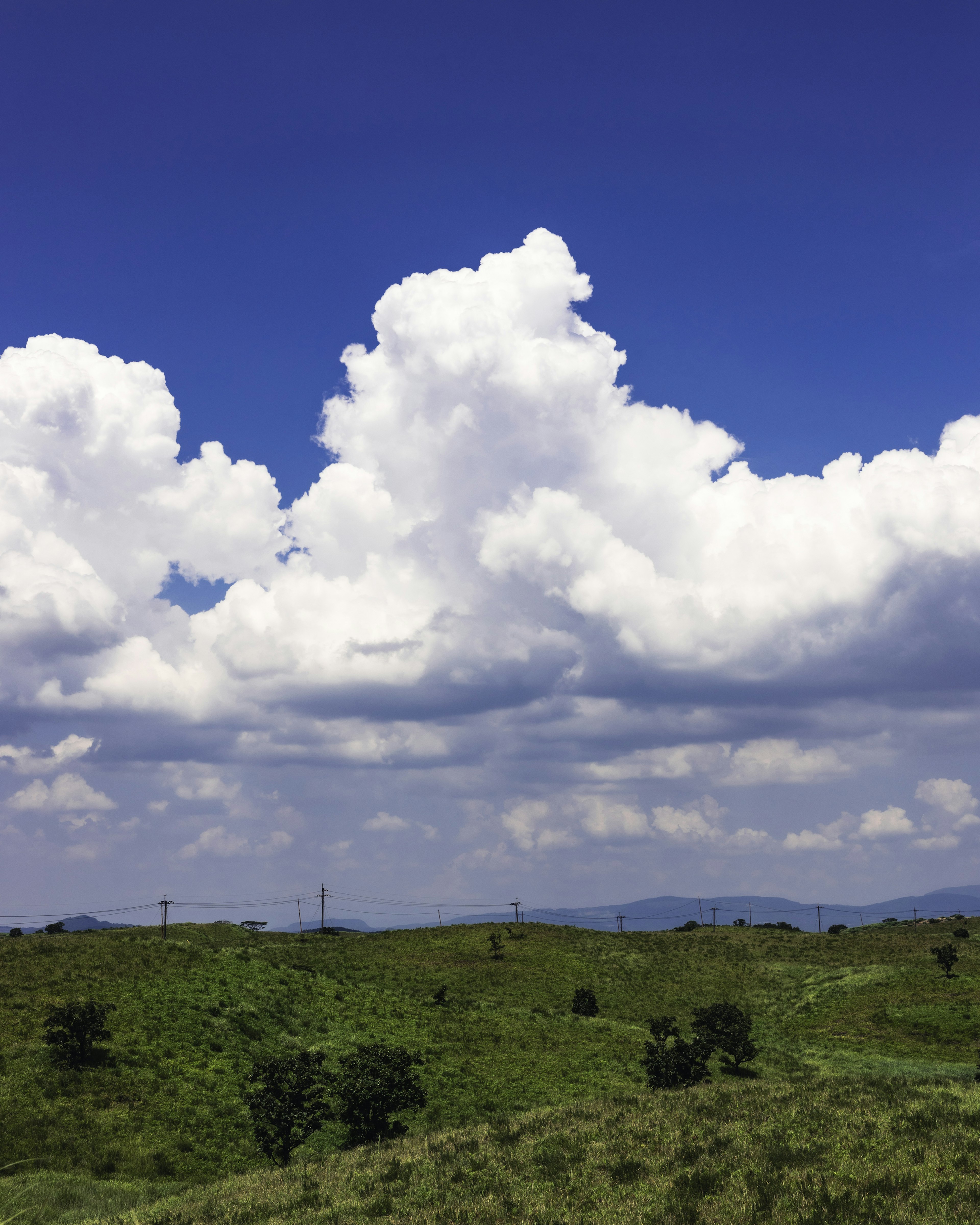 Landscape of green hills under a blue sky with fluffy white clouds