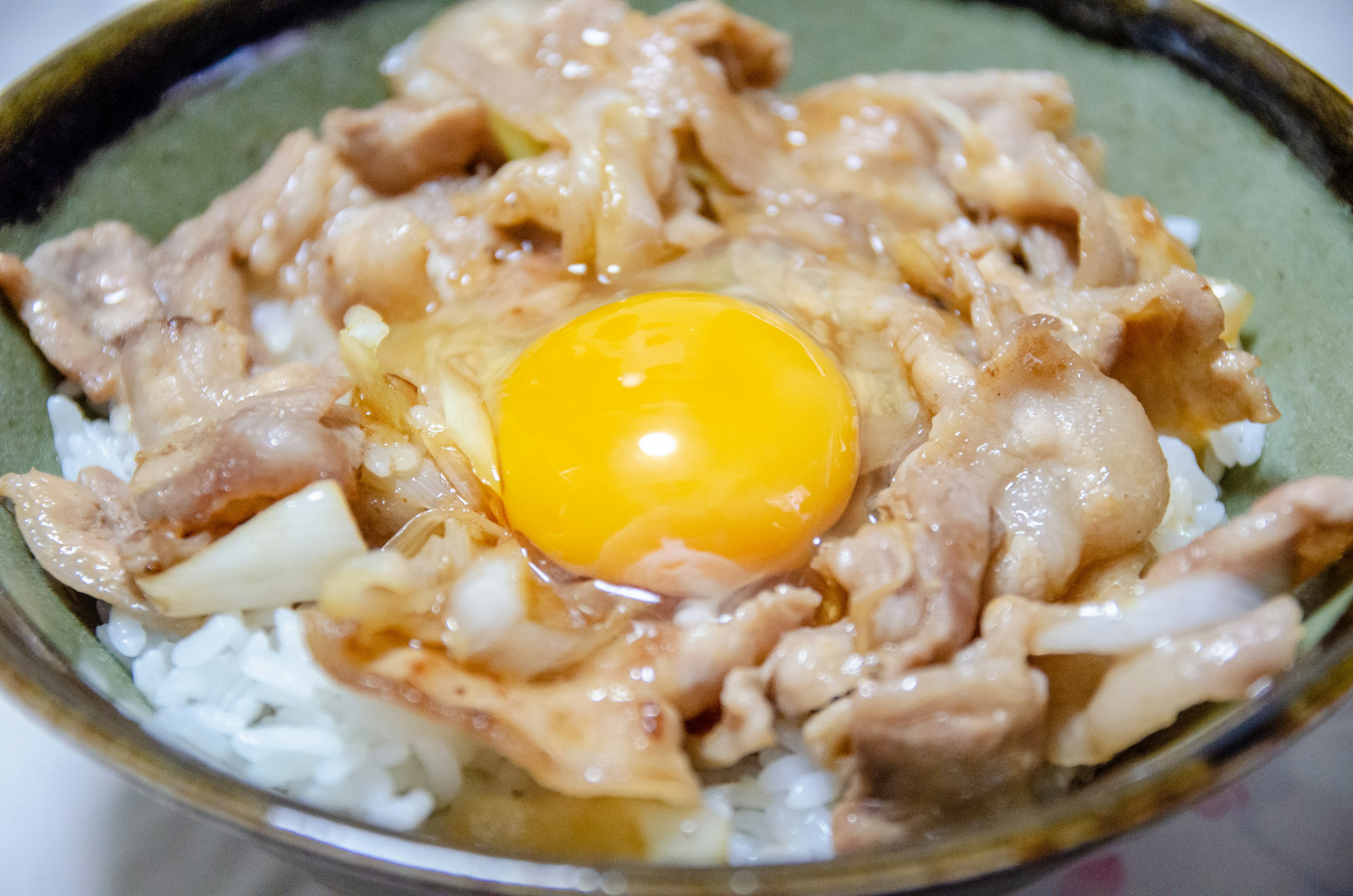 Bowl of rice topped with pork and a raw egg