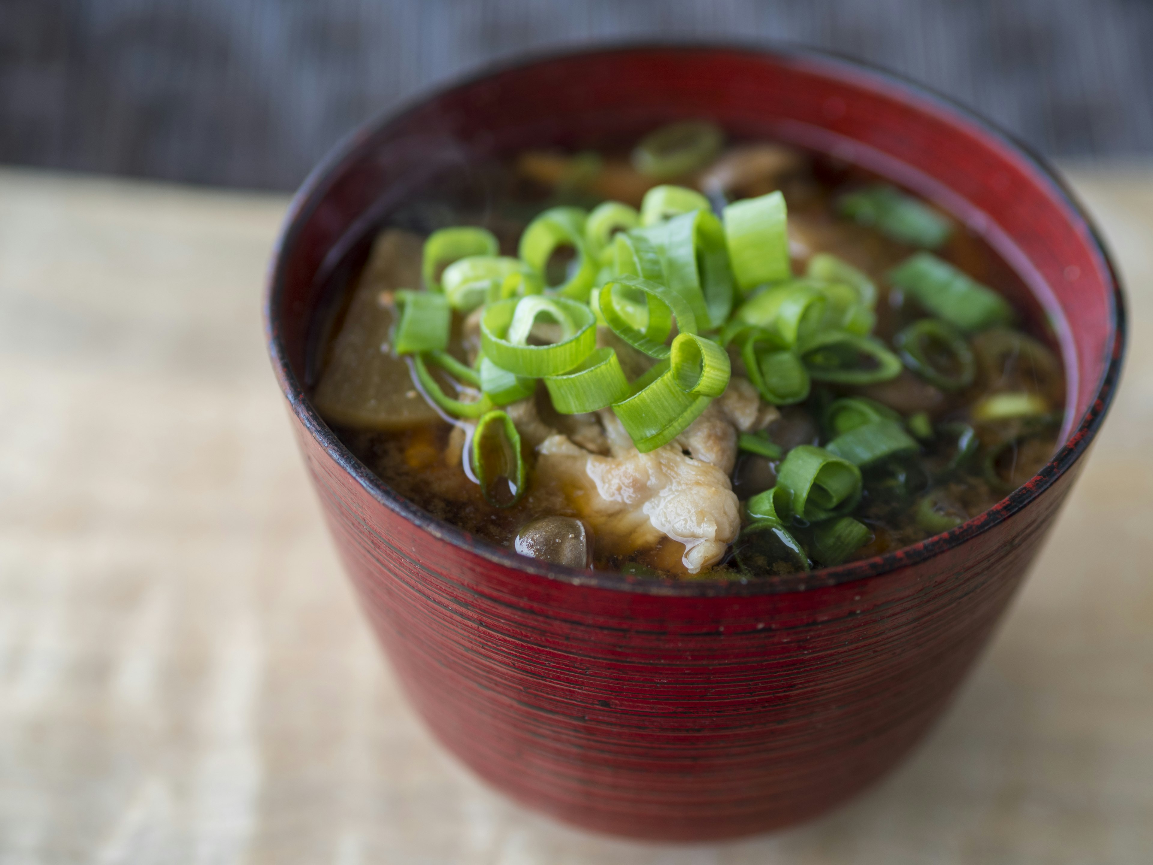 A bowl of soup garnished with green onions in a red container