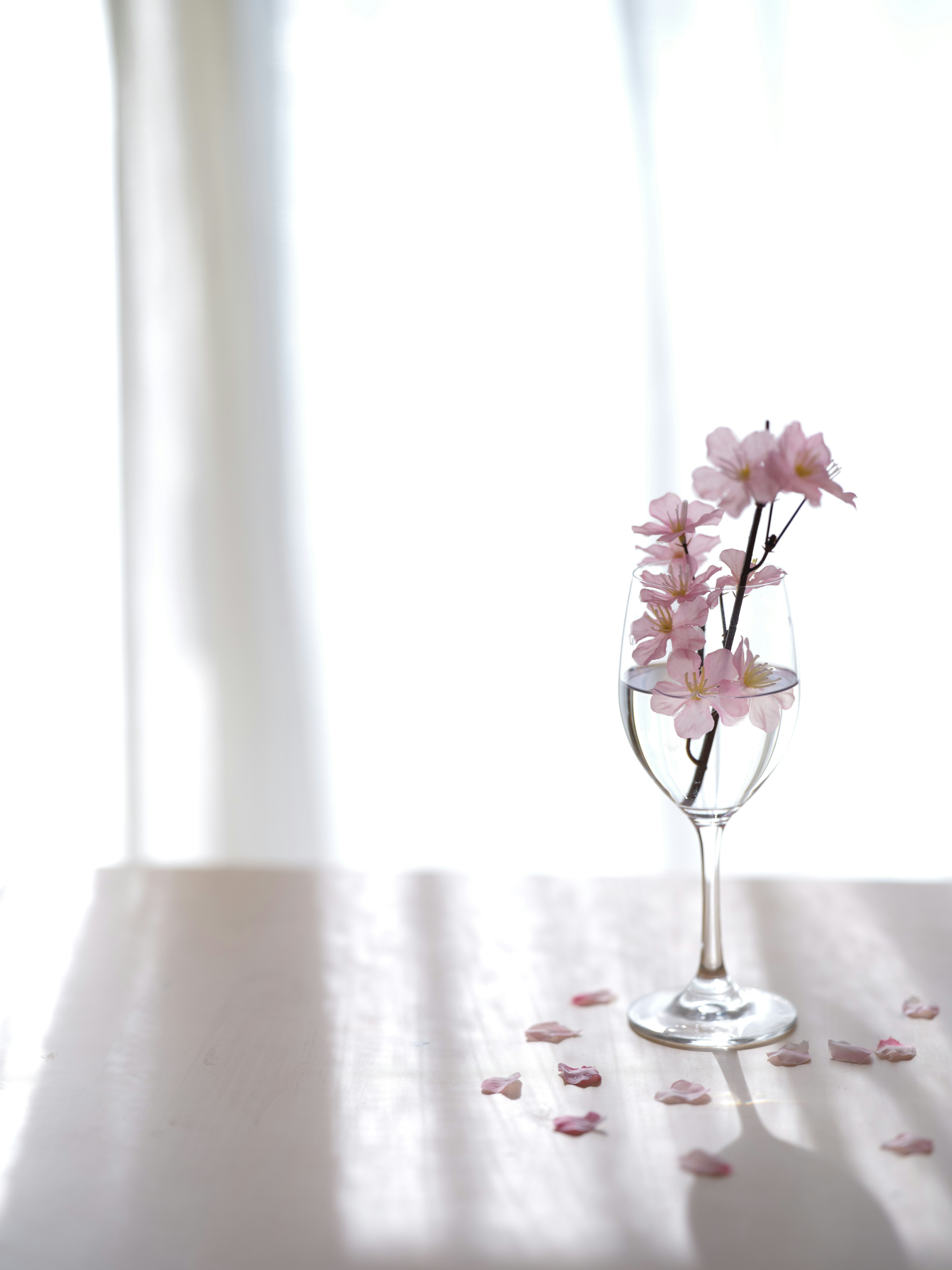 Ein einfaches Arrangement mit rosa Blumen in einem klaren Glas auf einem Tisch