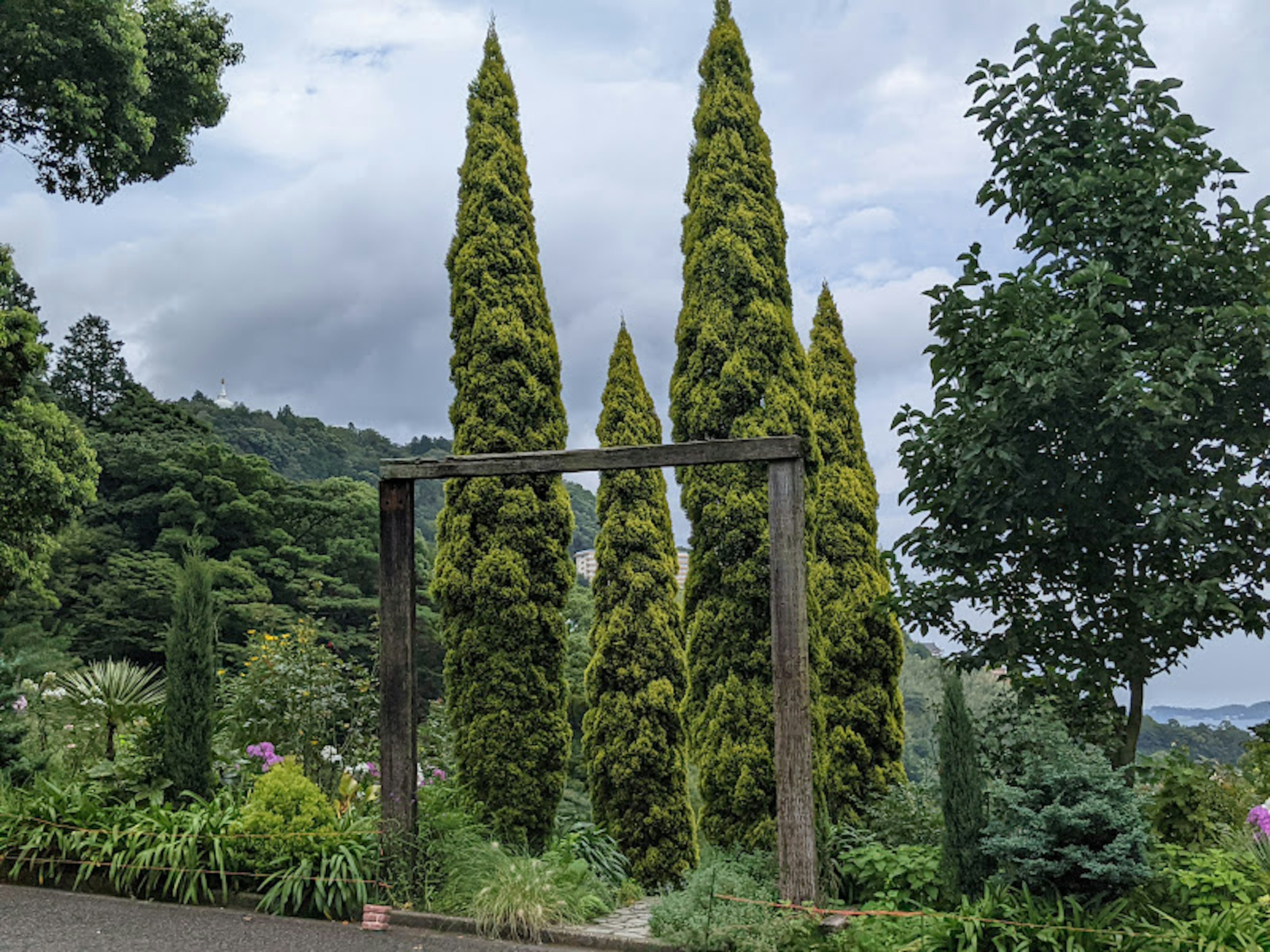 Alti alberi di conifere incorniciati da un arco di legno in un giardino lussureggiante