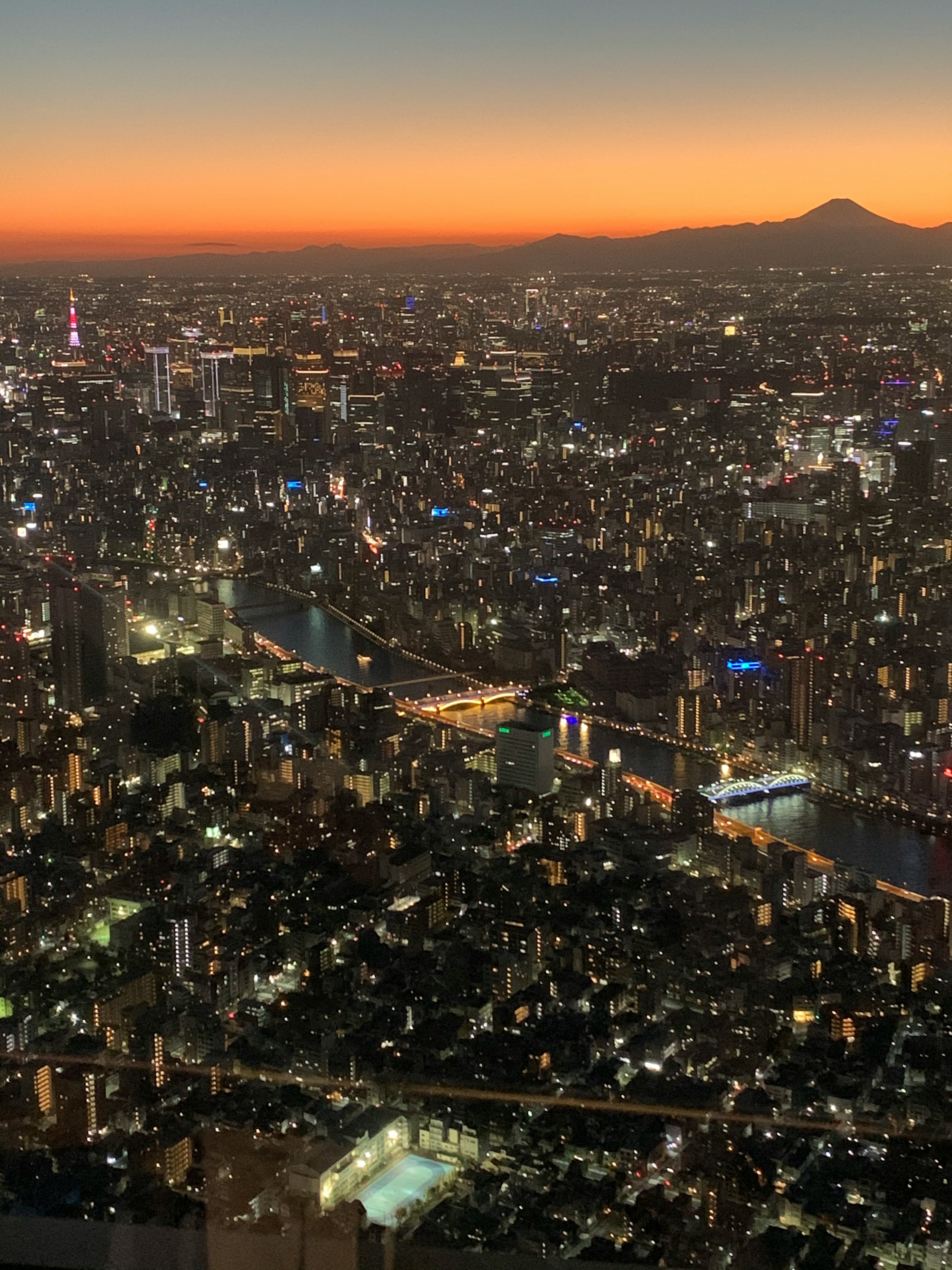 Nachtskyline von Tokio mit Silhouette des Fuji und beleuchtetem Fluss