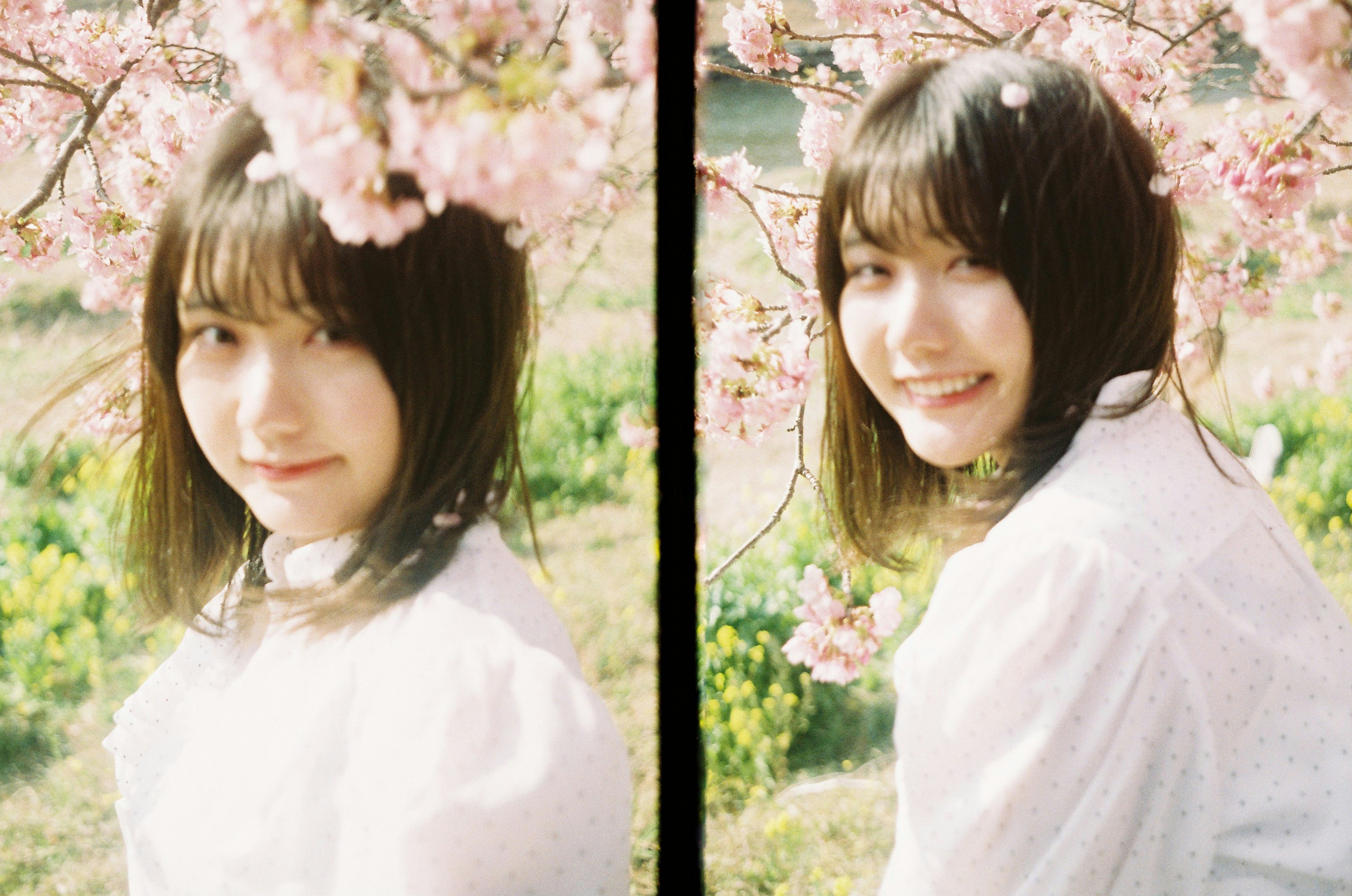 Une fille souriant sous des cerisiers en fleurs