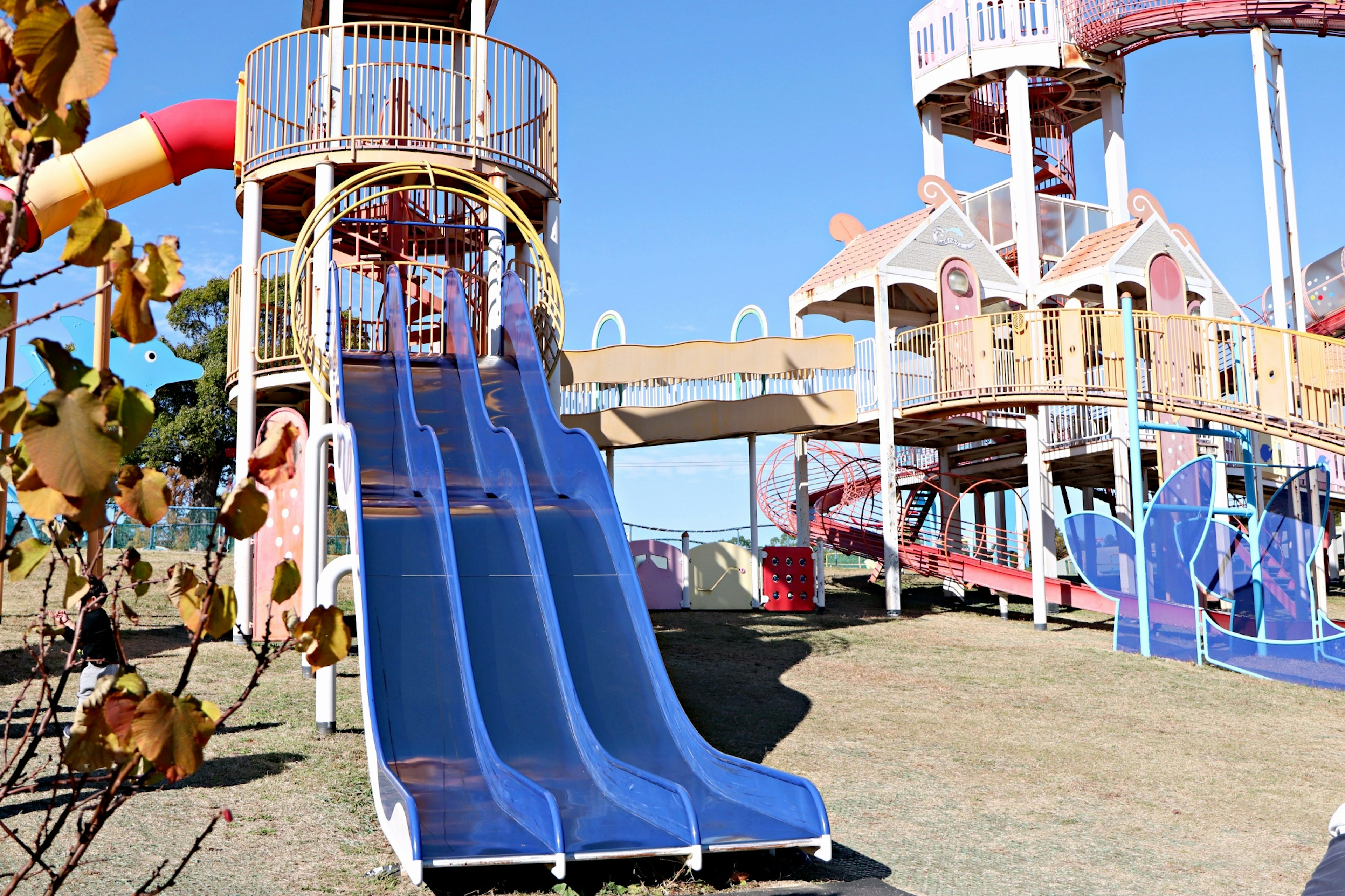 Blaue Rutschen und bunte Spielstruktur in einem Kinderspielplatz