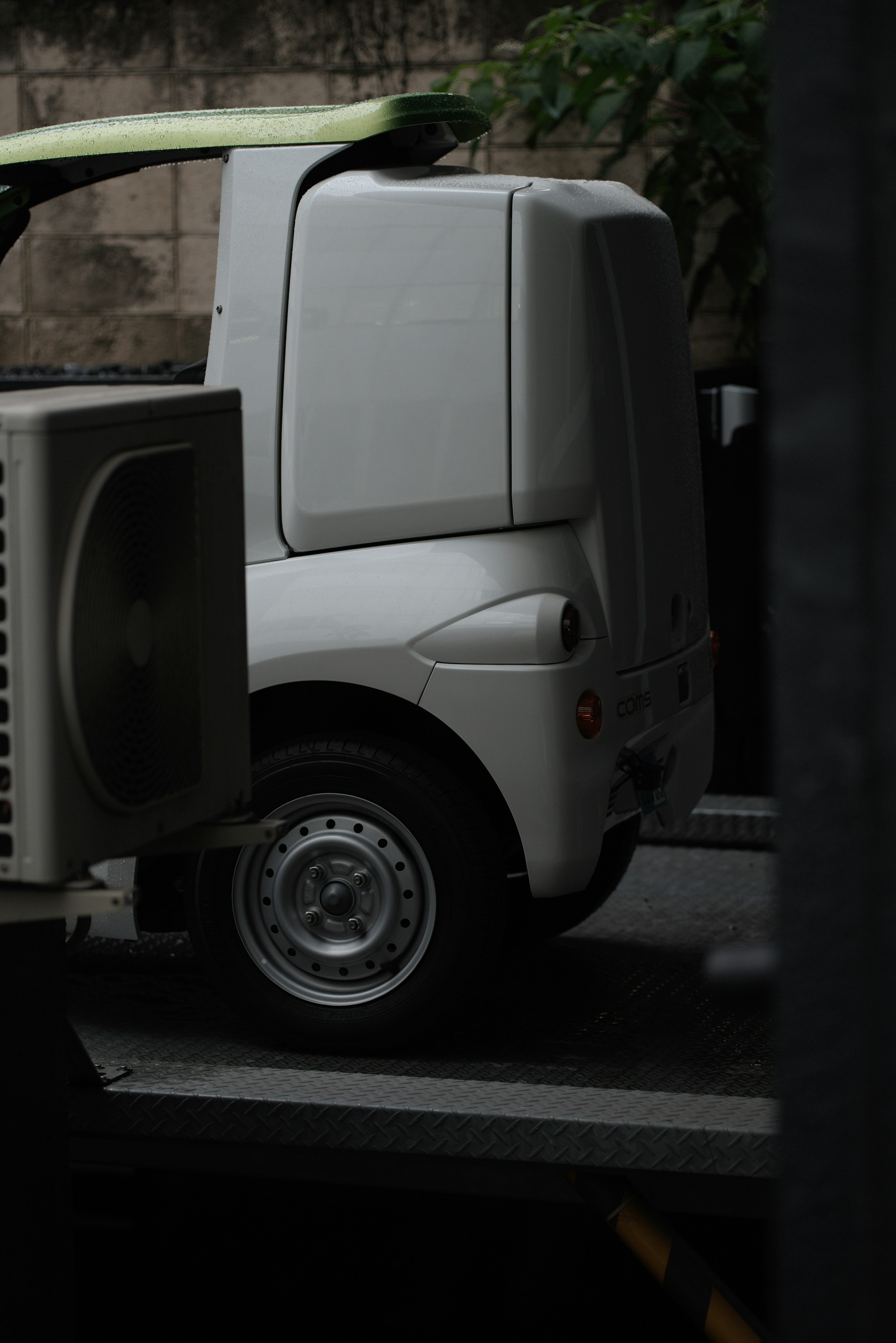 A small white truck viewed from the rear with surrounding greenery