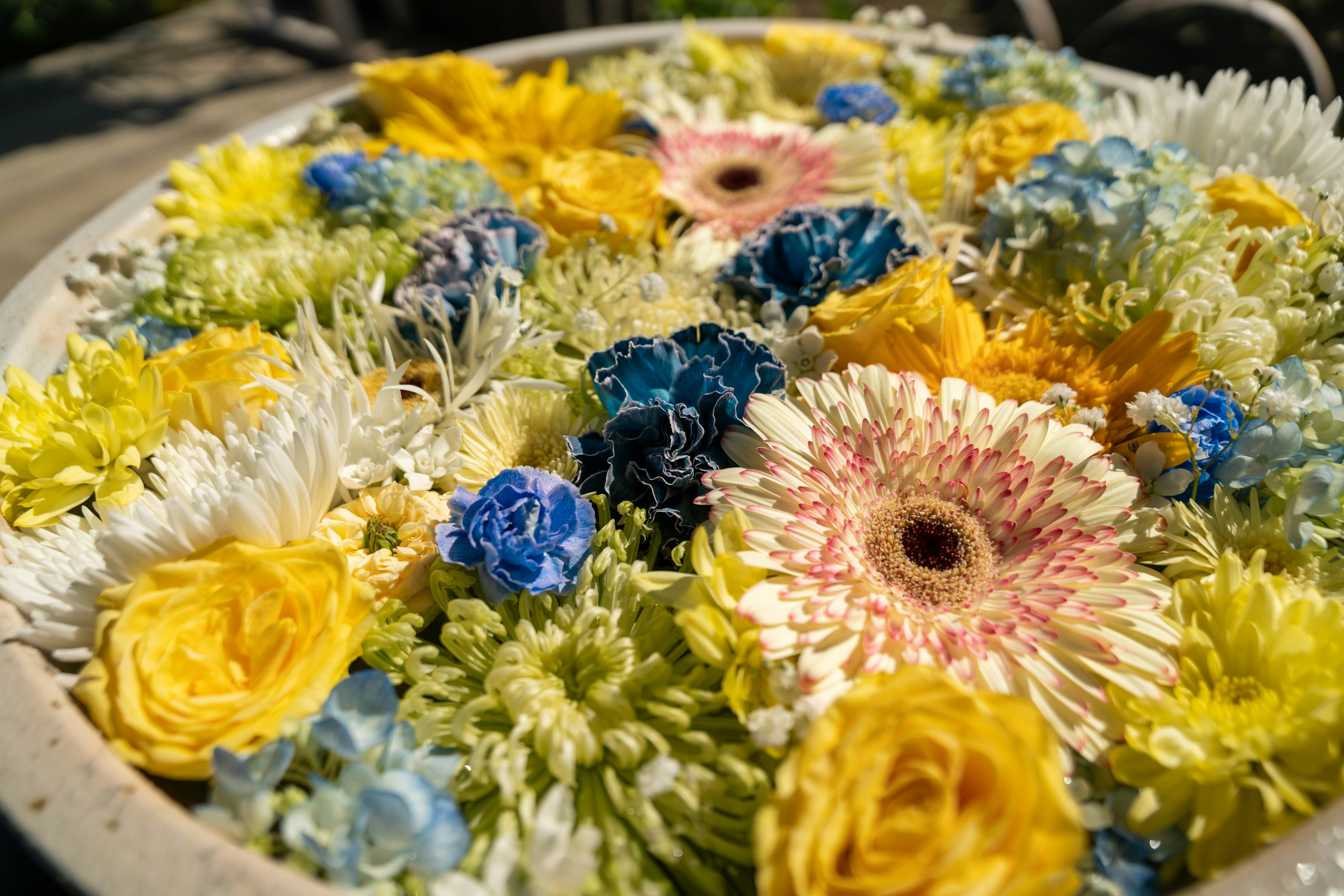 A plate filled with colorful flowers including yellow, blue, and white varieties