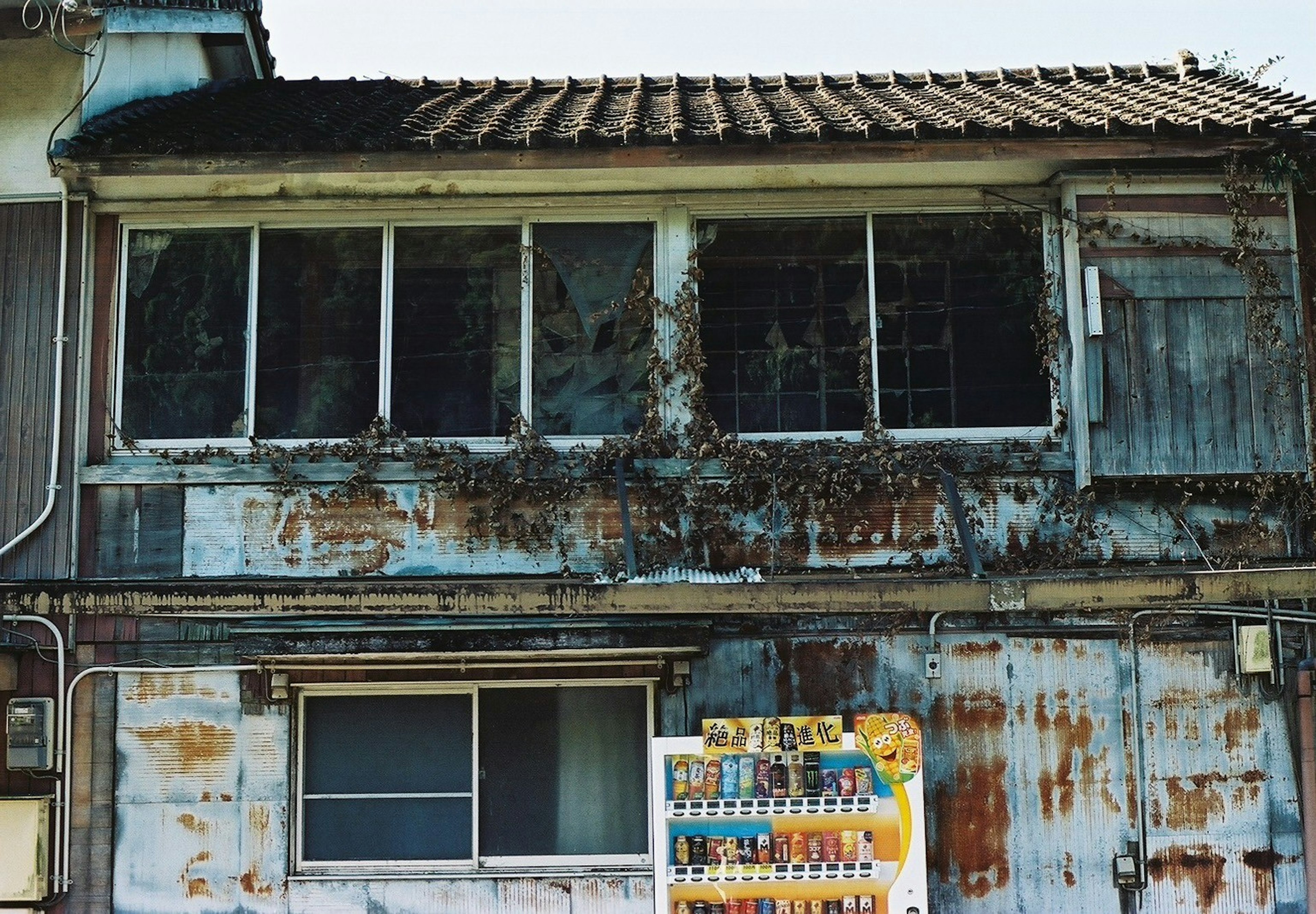 Extérieur d'un vieux bâtiment avec des murs rouillés et des fenêtres couvertes de lierre et un distributeur automatique