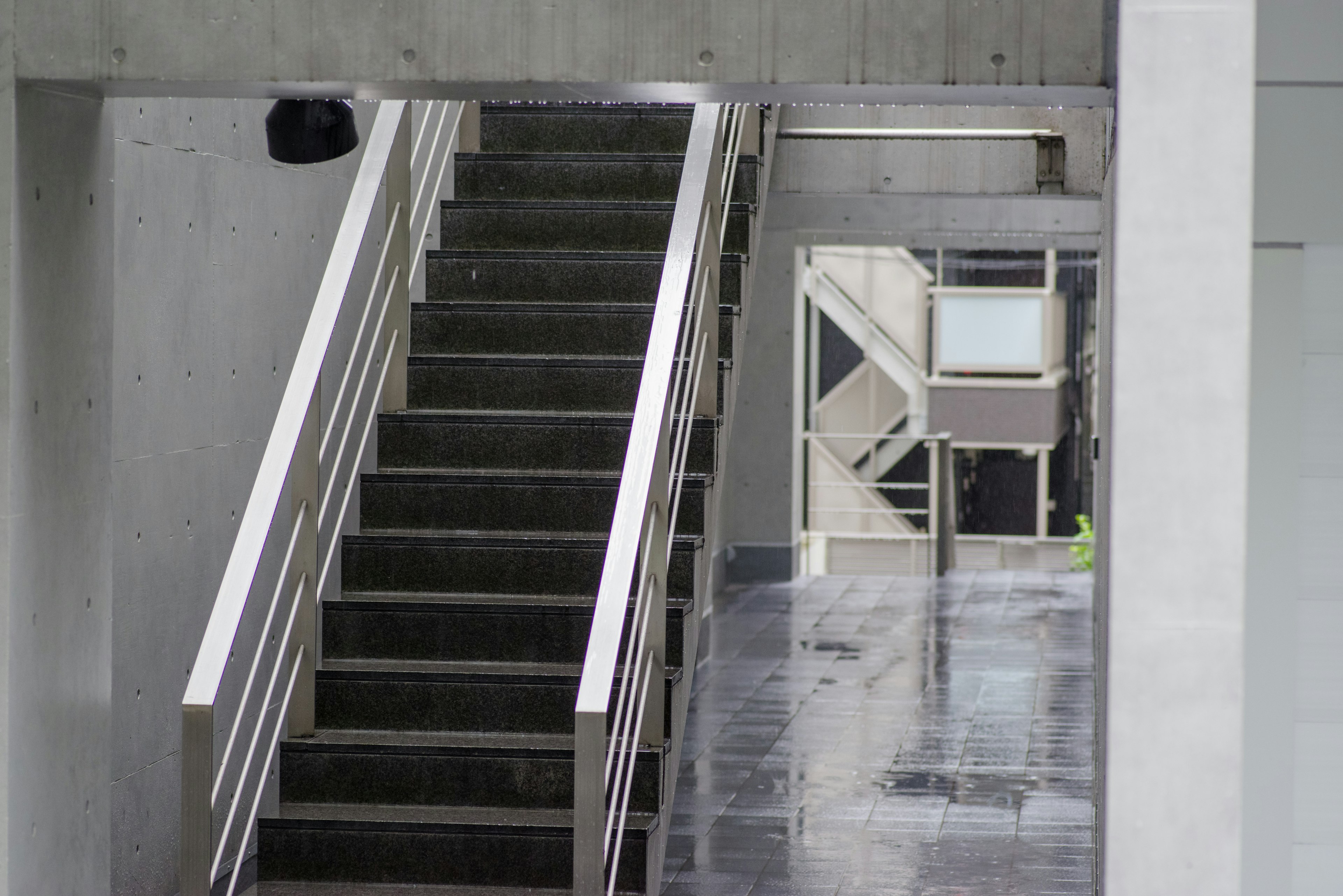 Escalera de concreto que lleva a un área abierta con diseño arquitectónico moderno