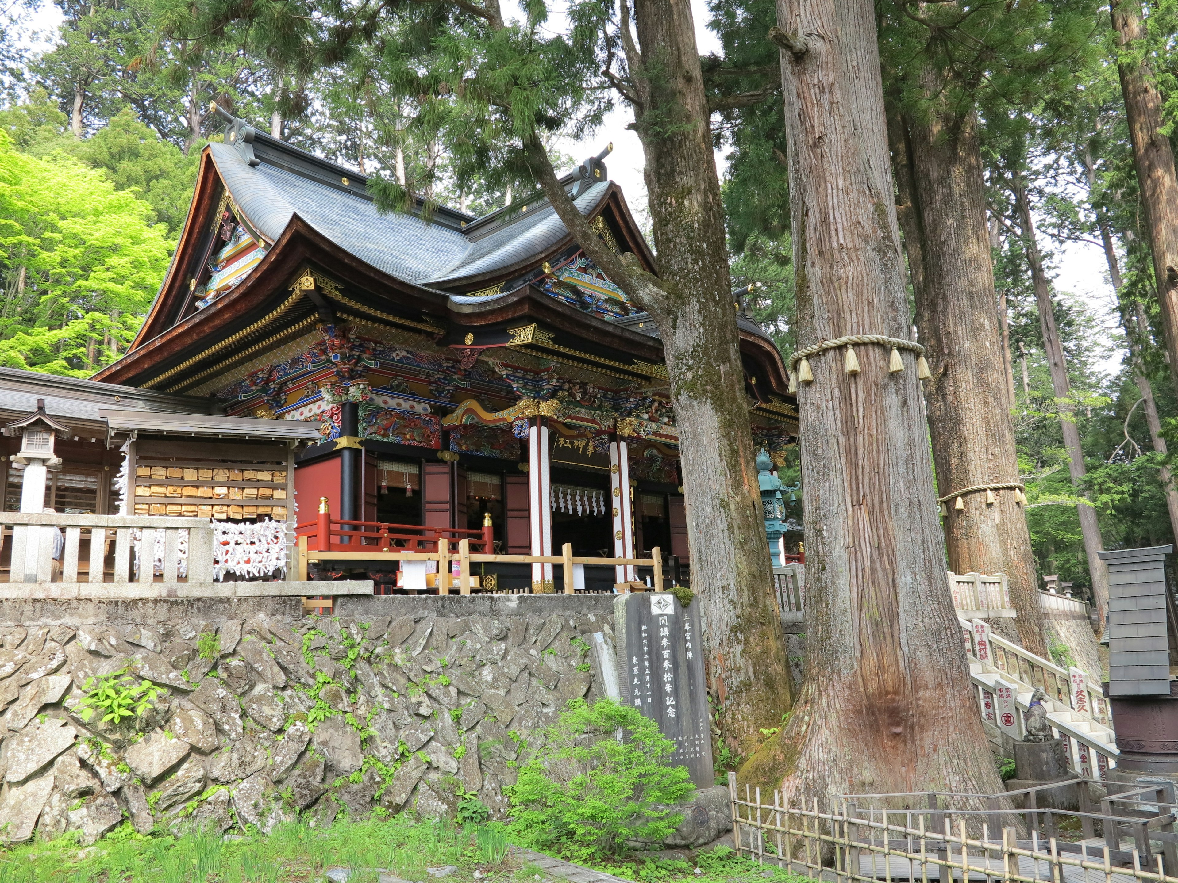 美丽的神社建筑 nestled 在大树之间的风景