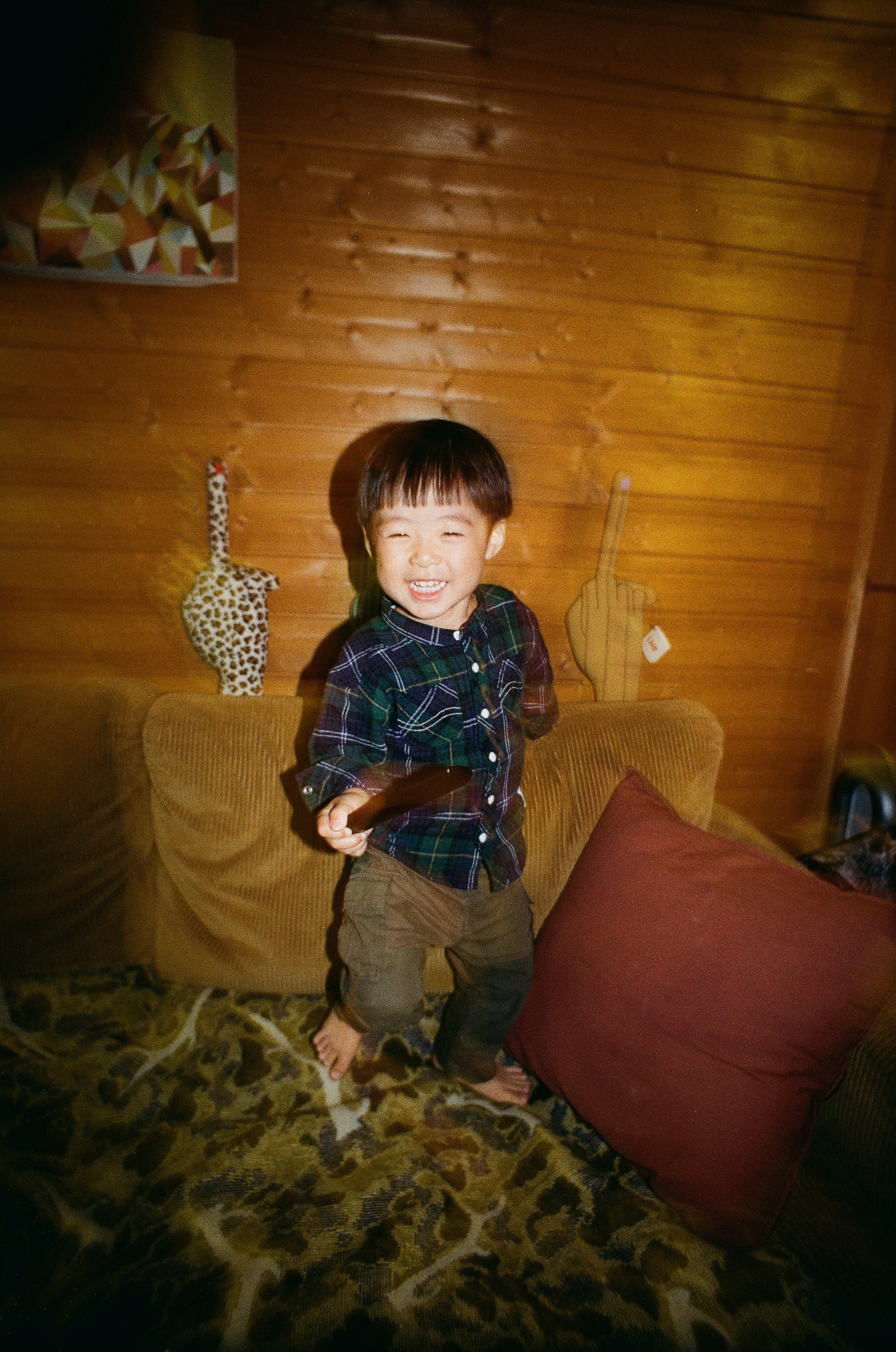 Smiling child standing on a cushion in a wooden wall room