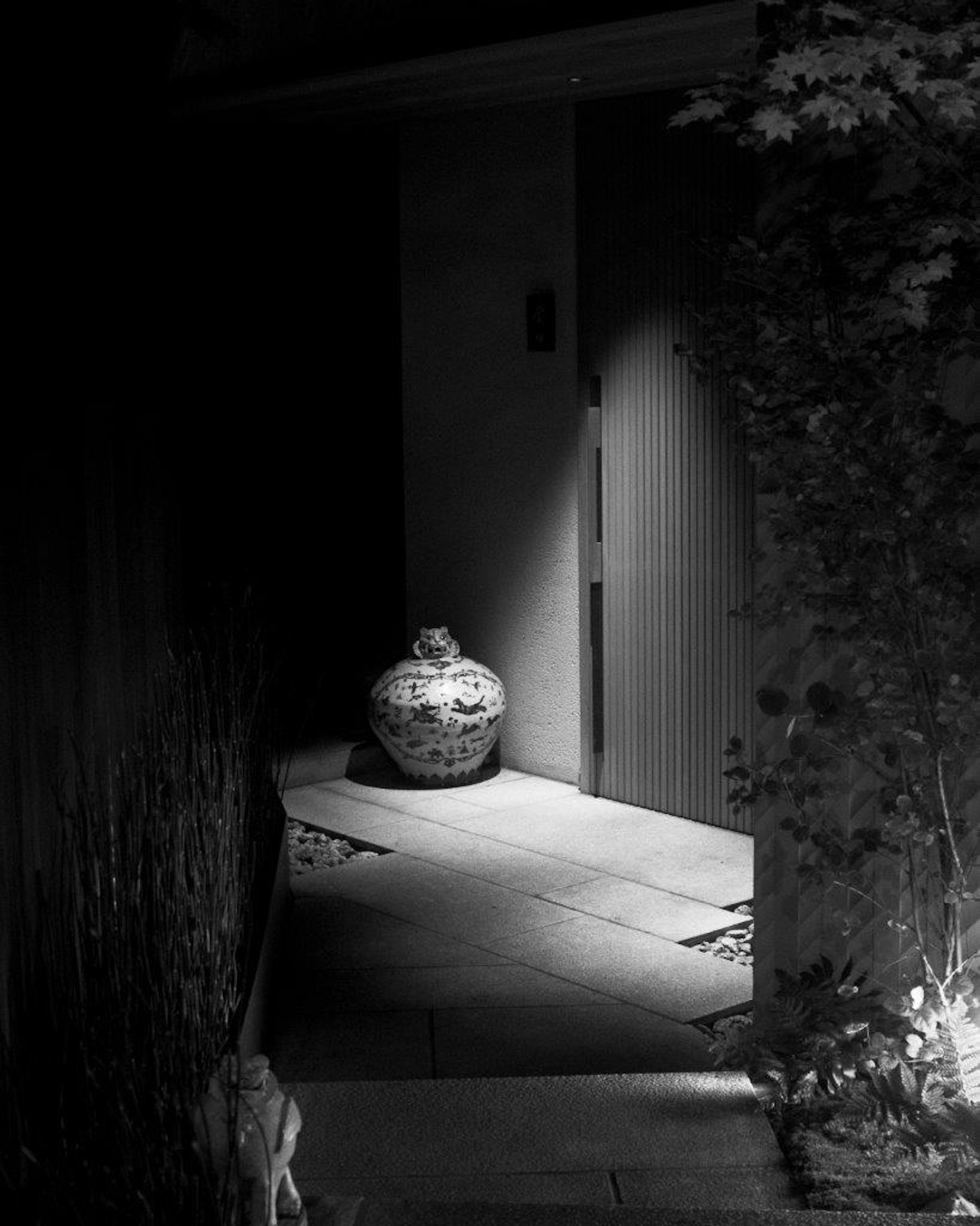 Contrast of a ceramic jar and door illuminated in a dark hallway