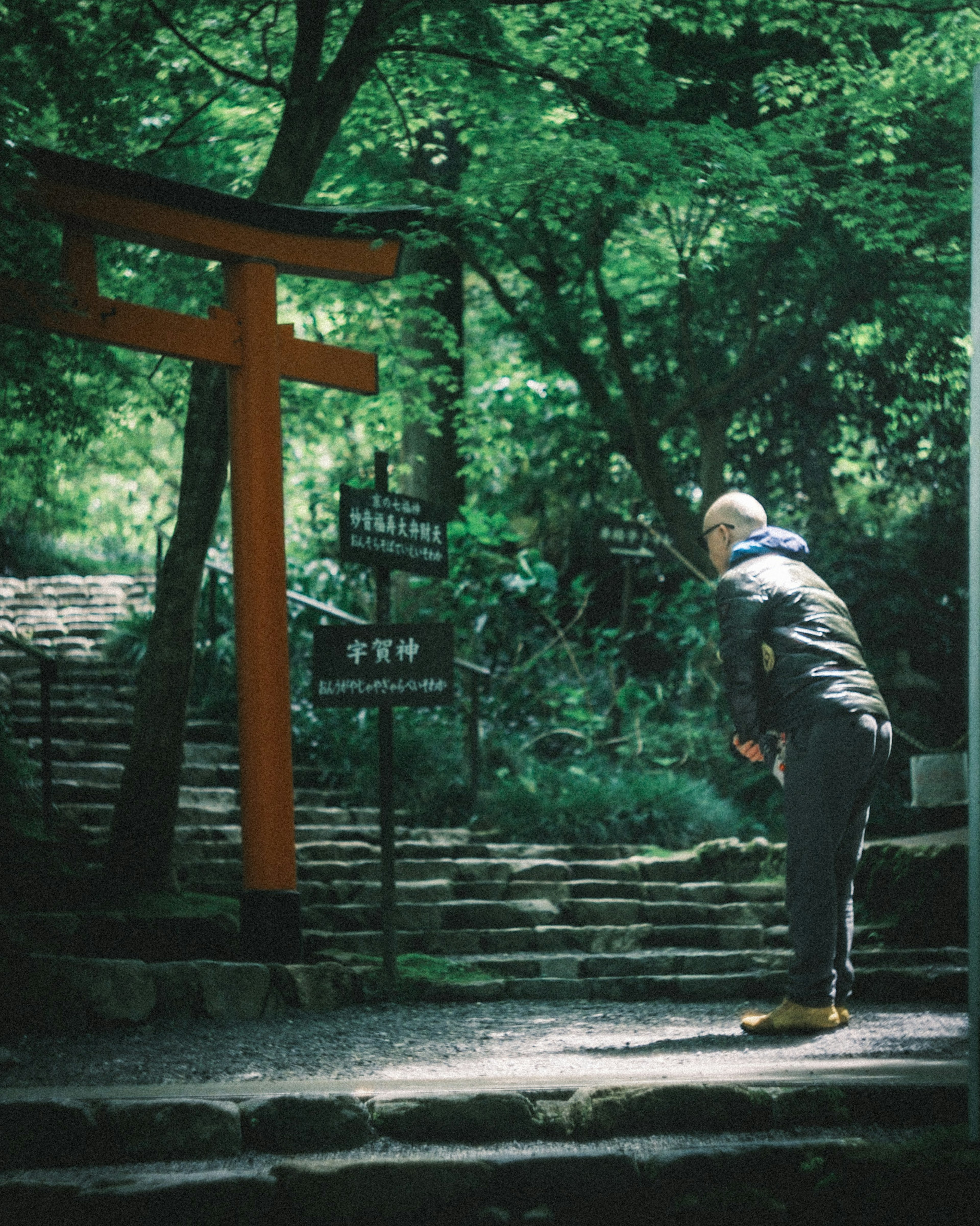 緑の森の中で、赤い鳥居の前に立つ男性が頭を下げているシーン