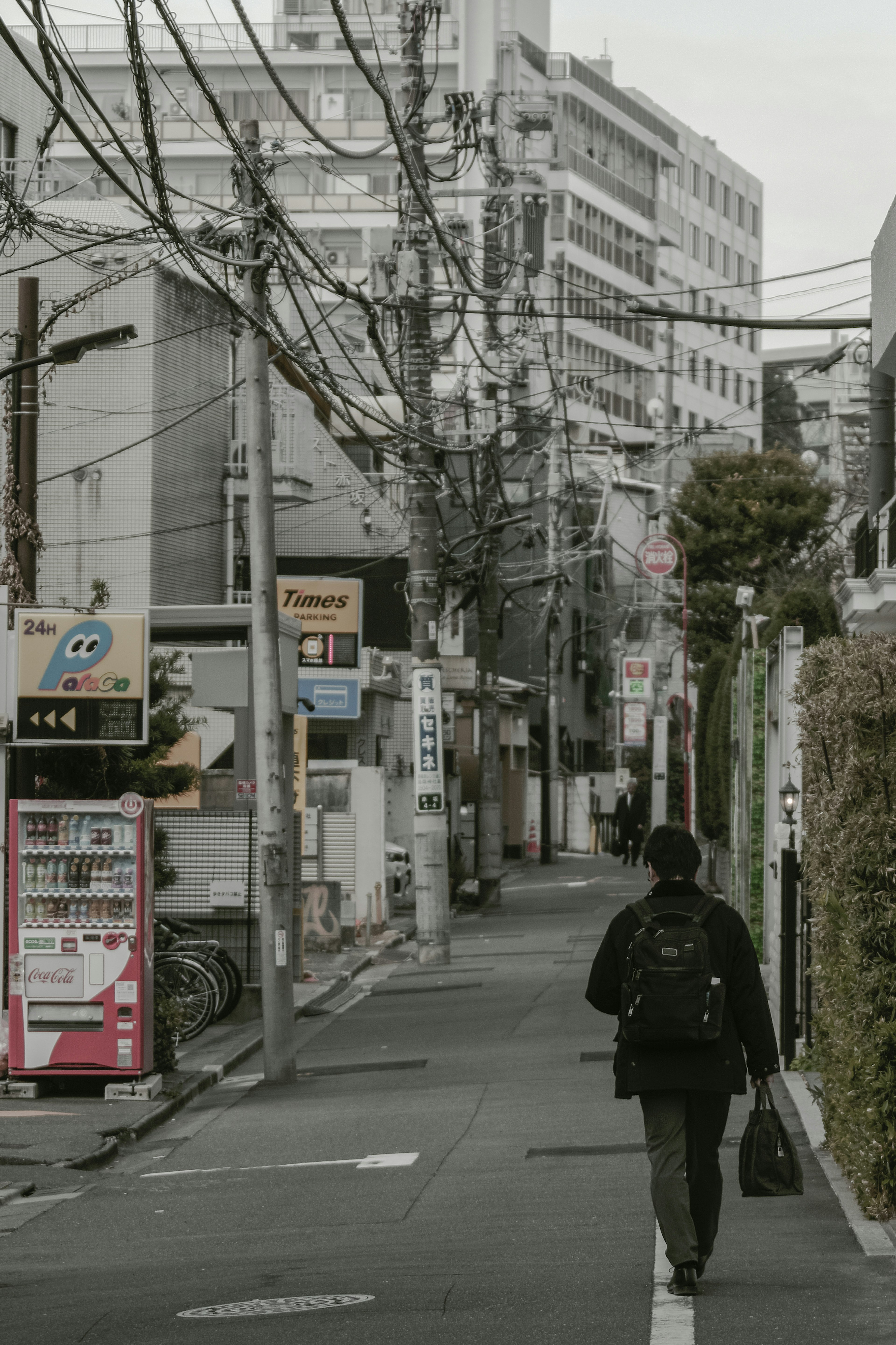 静かな街道を歩く人物と電線のネットワーク