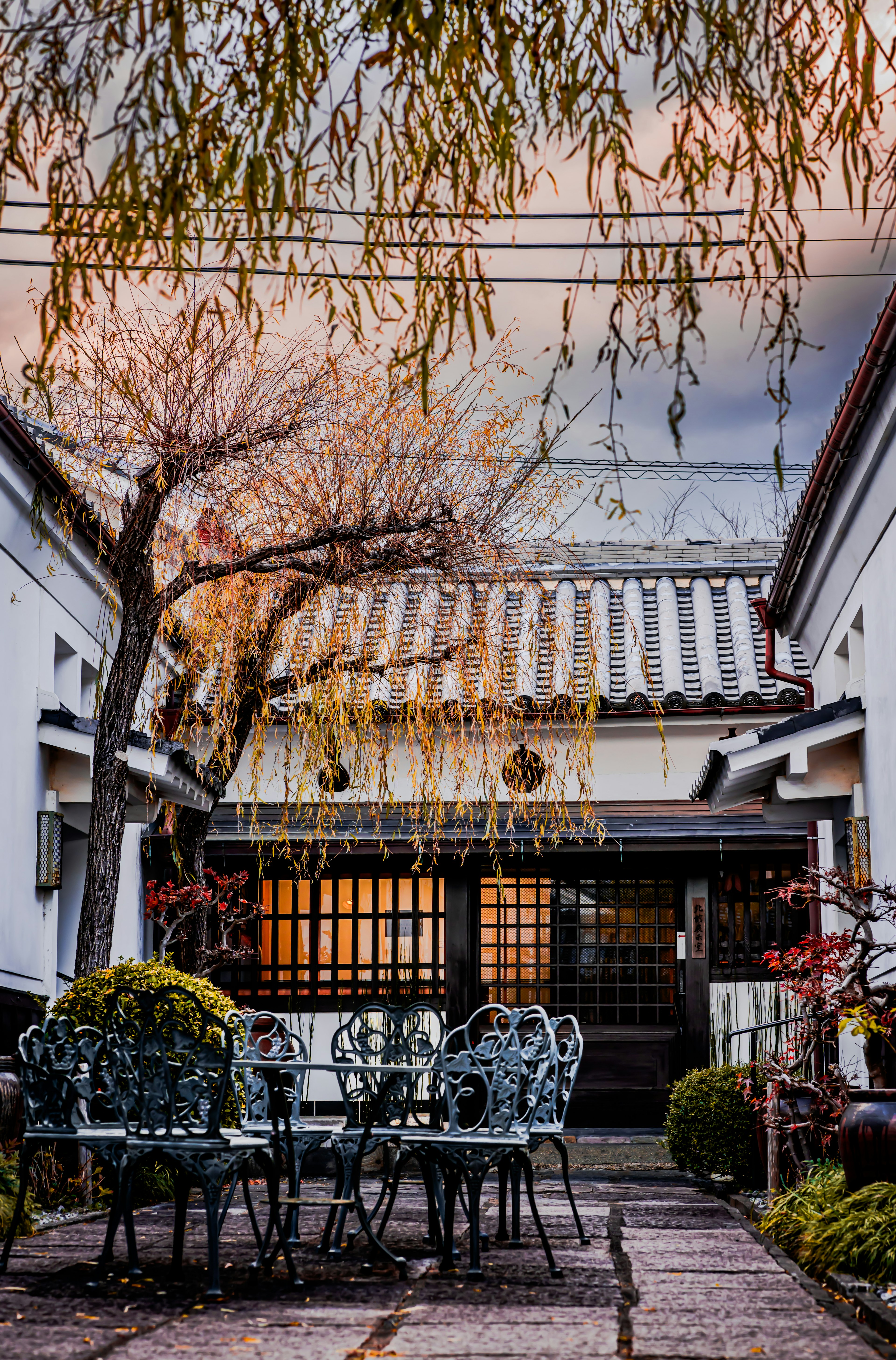 Traditional Japanese house courtyard featuring a table and chairs with autumn trees