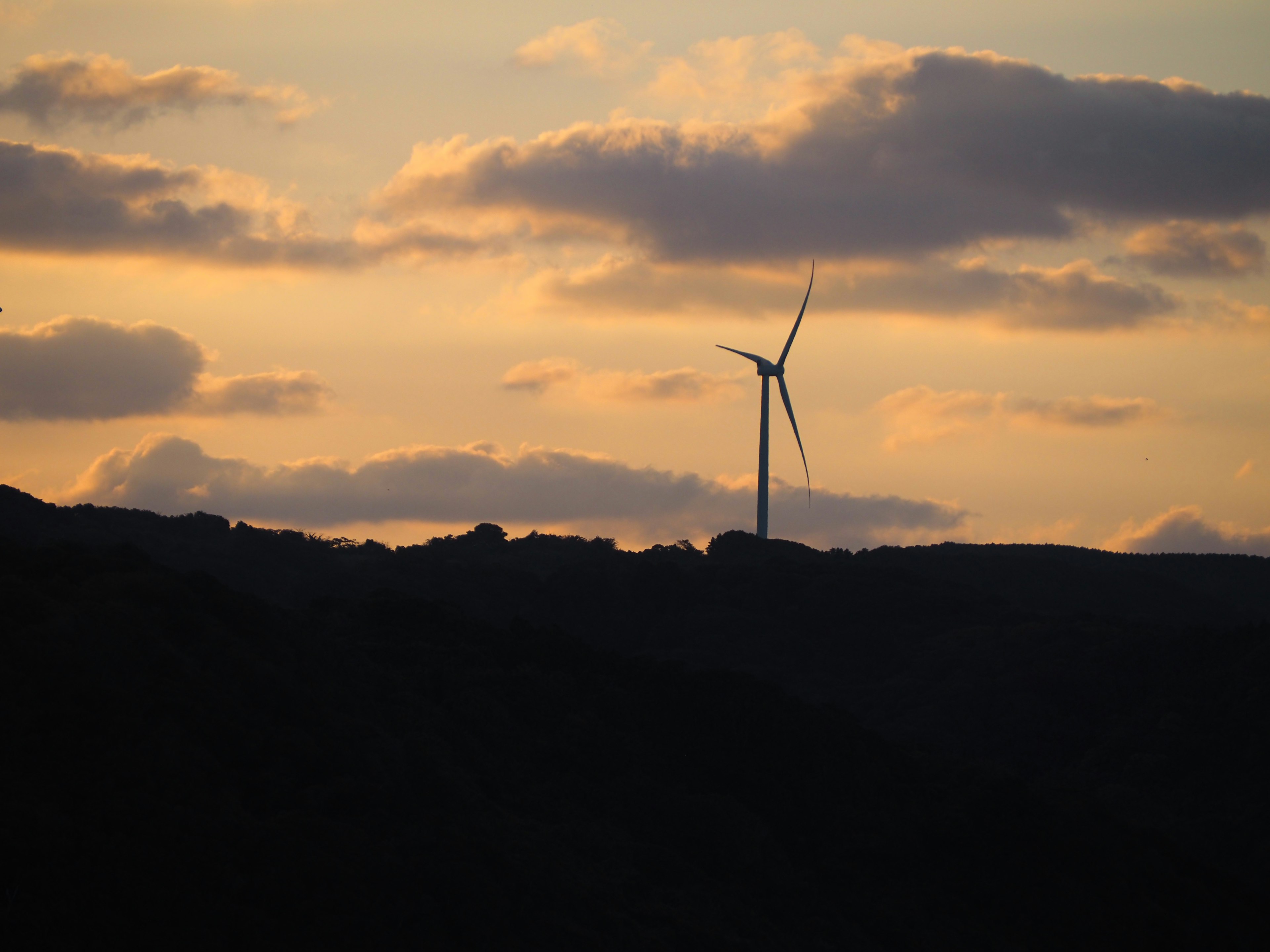 Silhouette of a wind turbine against a sunset sky