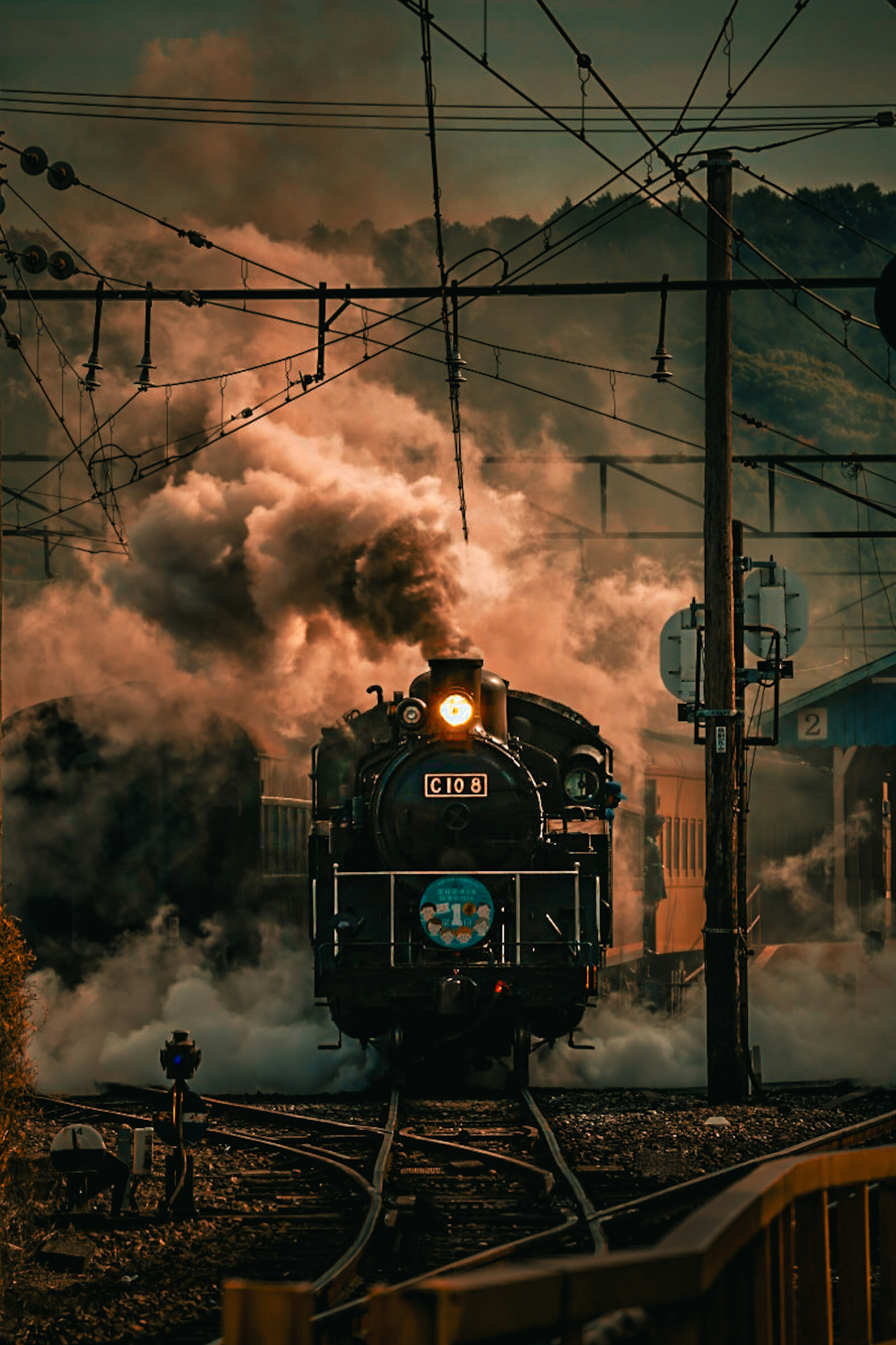 A steam locomotive billowing smoke on the tracks