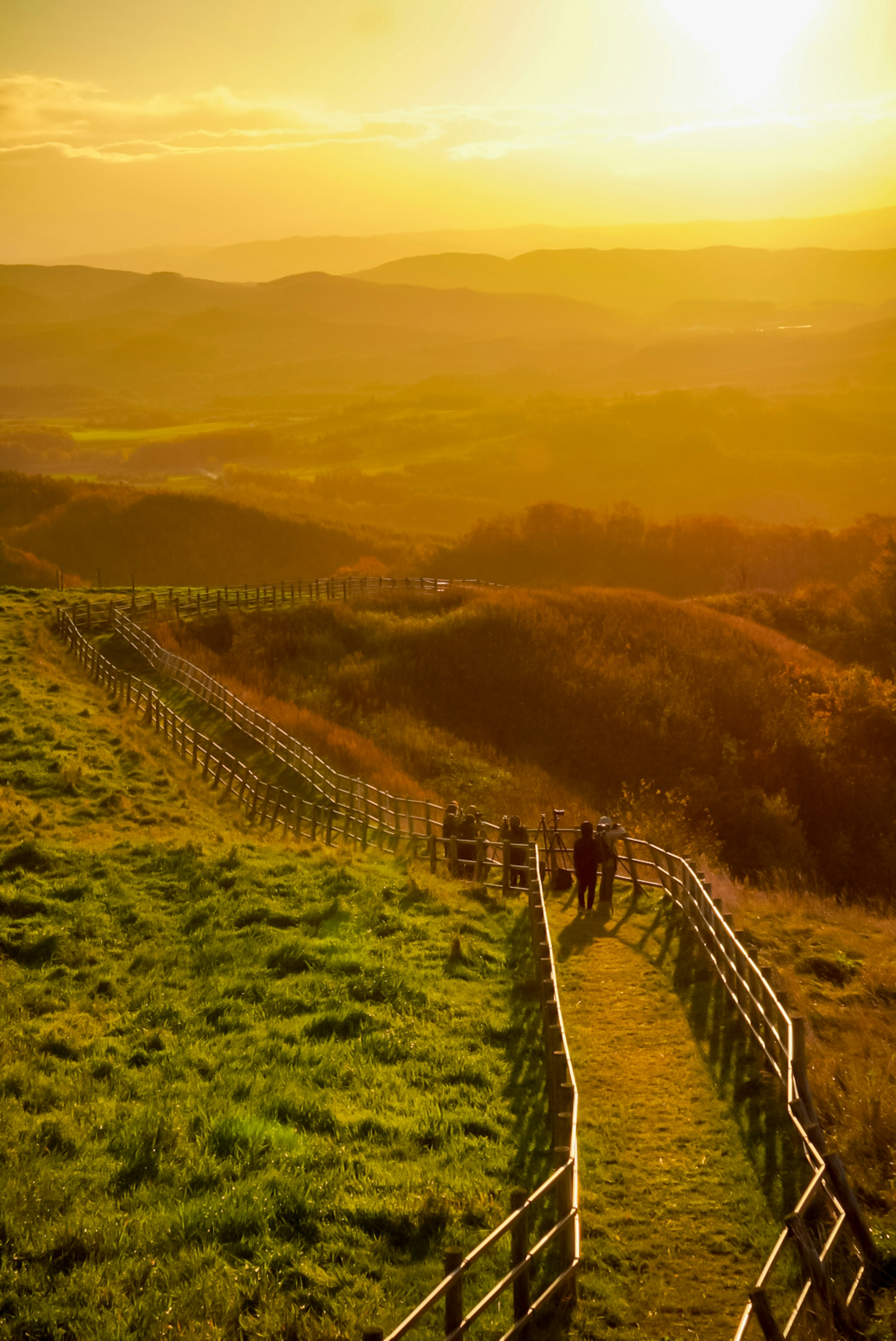 Coucher de soleil illuminant des collines vertes et un chemin sinueux avec des personnes marchant