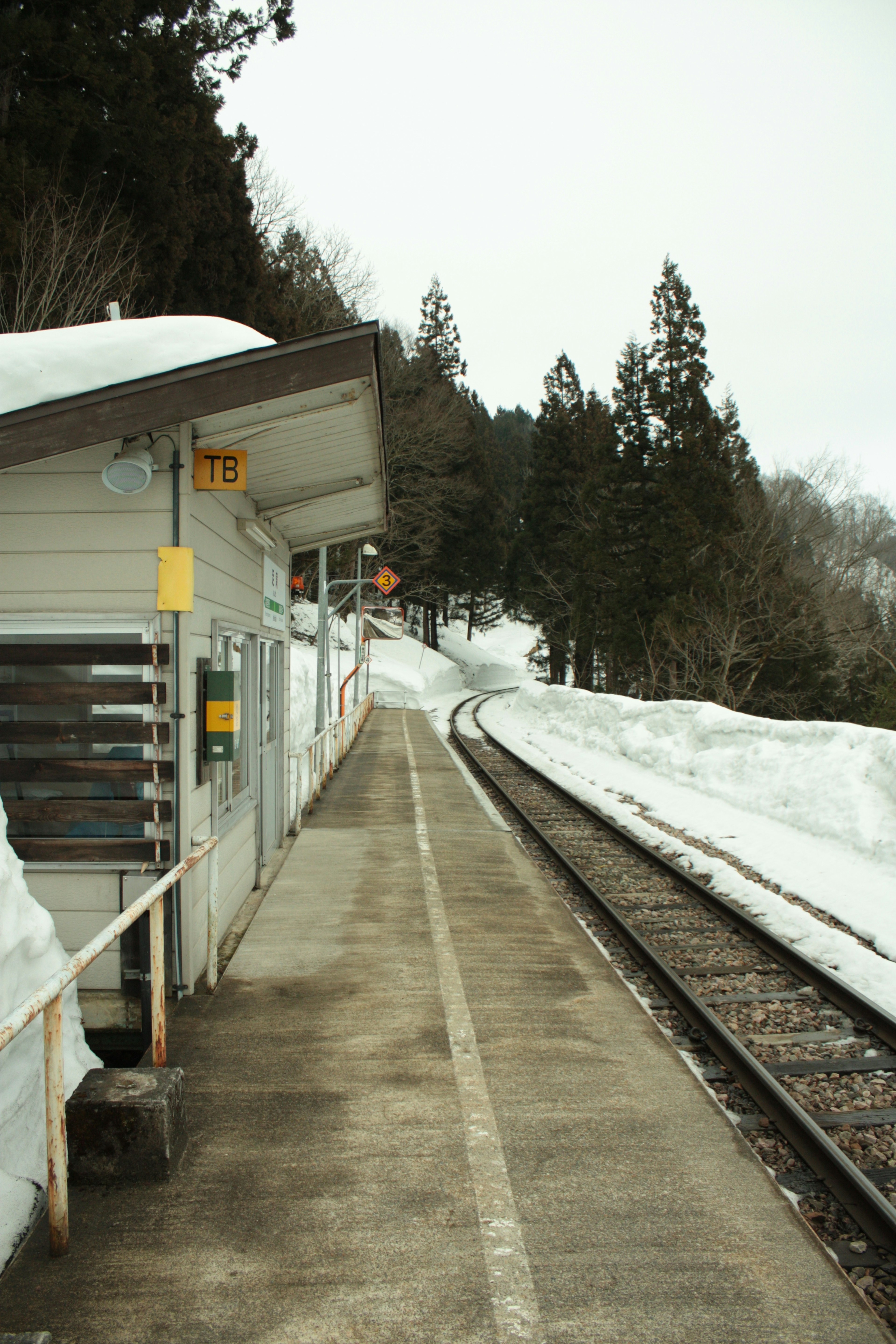 Piattaforma di stazione ferroviaria coperta di neve e binari in un paesaggio invernale