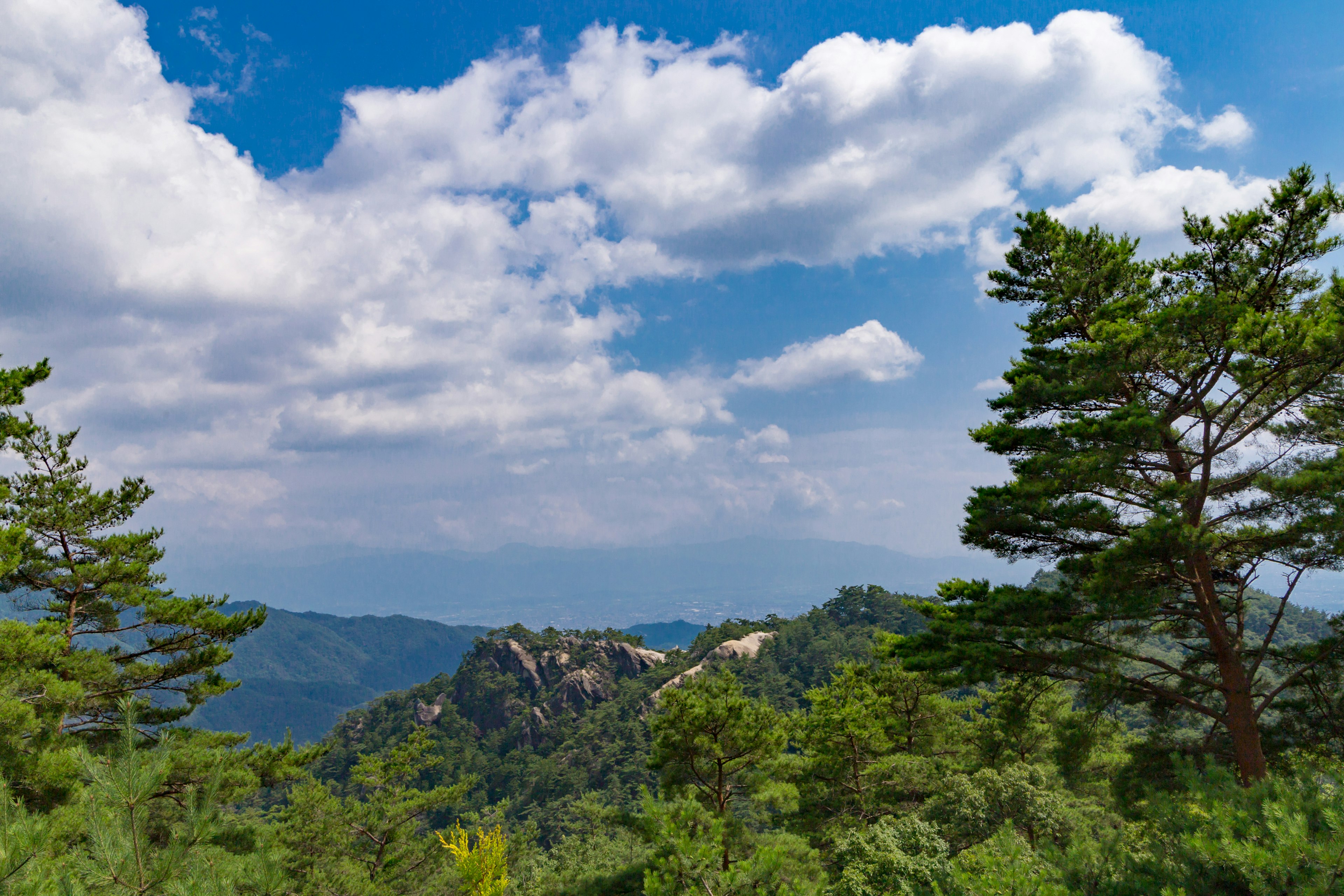 Panoramablick auf Berge unter einem blauen Himmel mit Wolken üppige grüne Bäume im Vordergrund