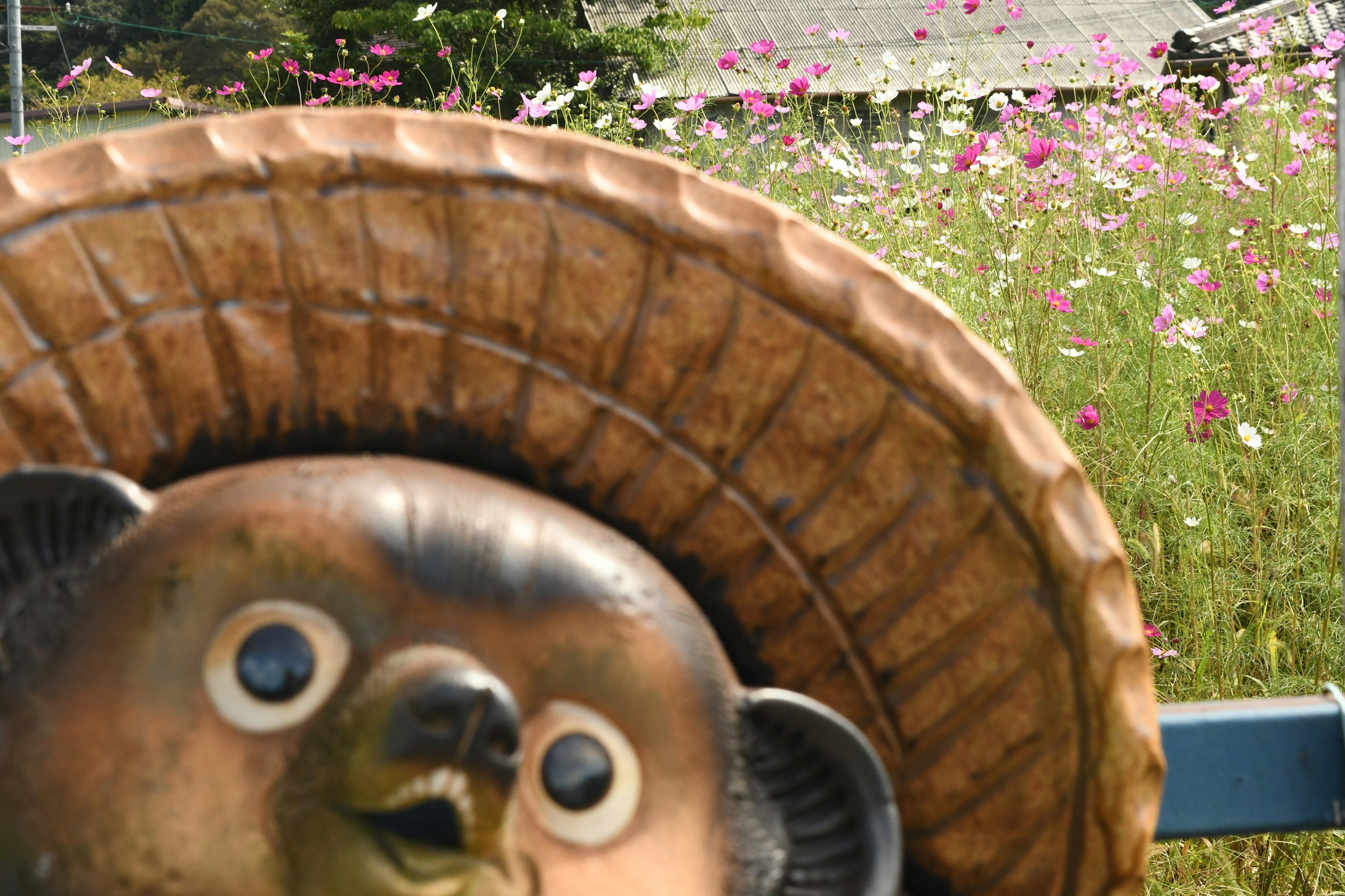 Cara de tanuki de cerámica con fondo de campo de flores