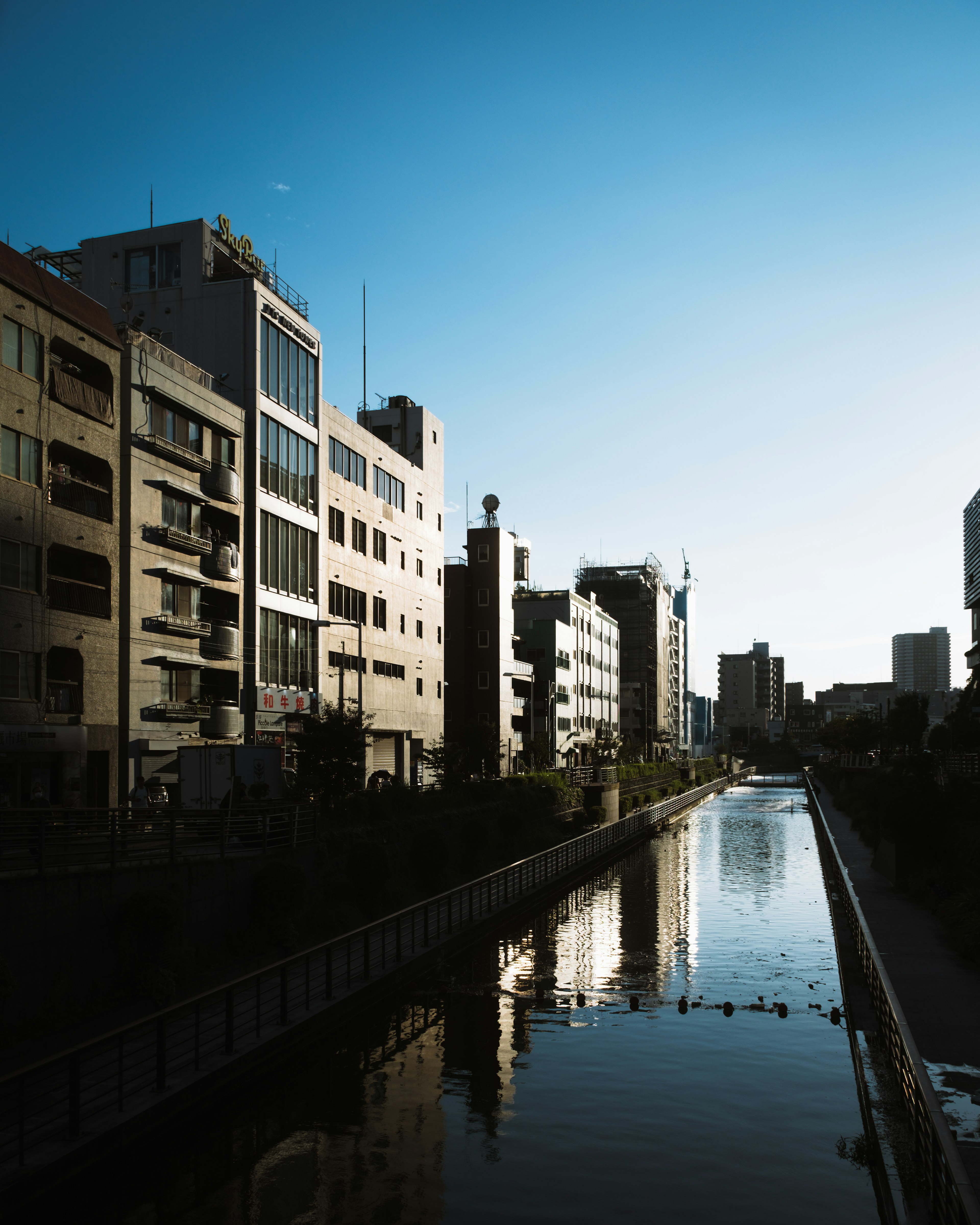 Urban landscape along a river with a clear blue sky