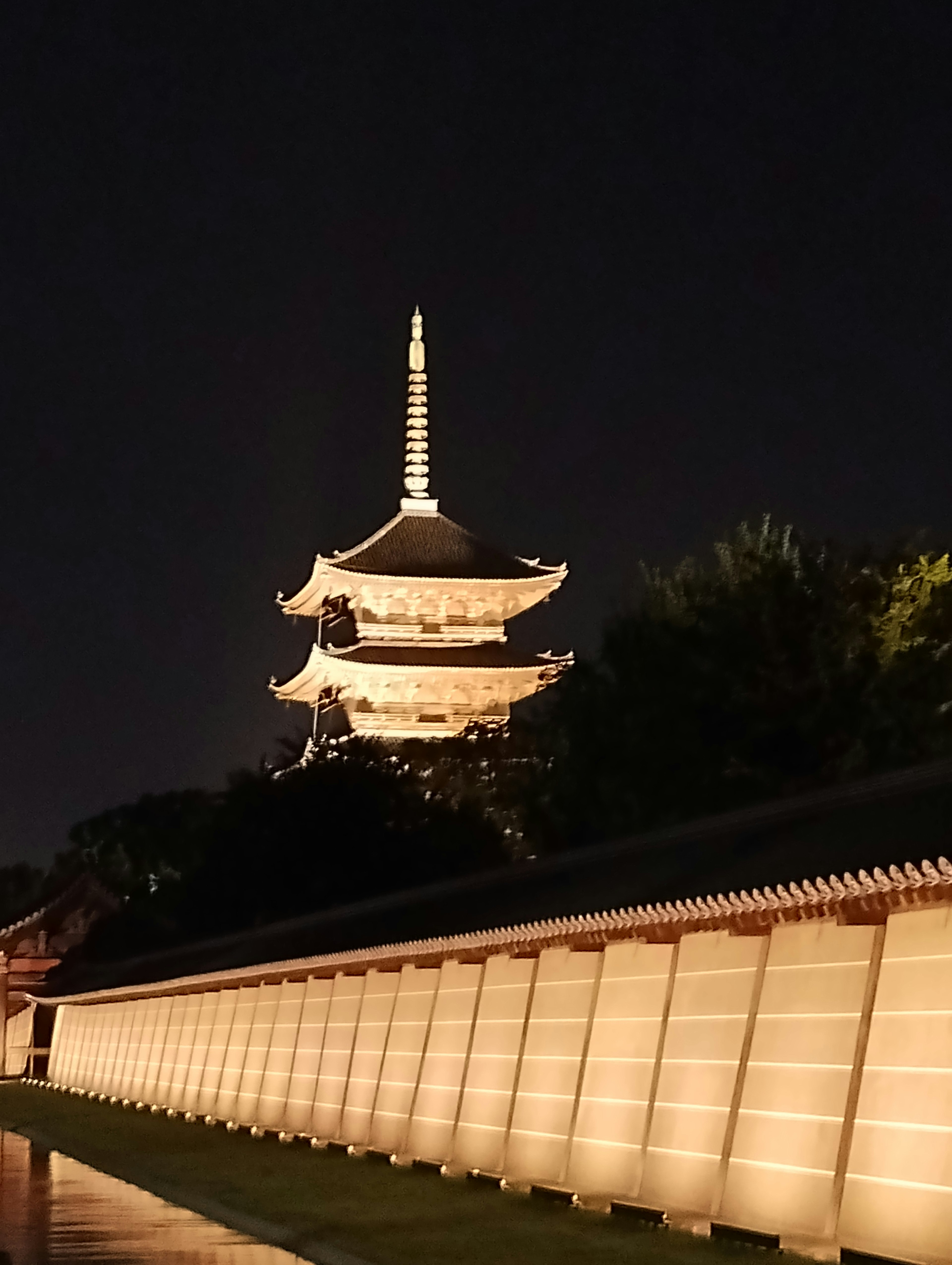 Beleuchtete Pagode eines Tempels in Kyoto bei Nacht