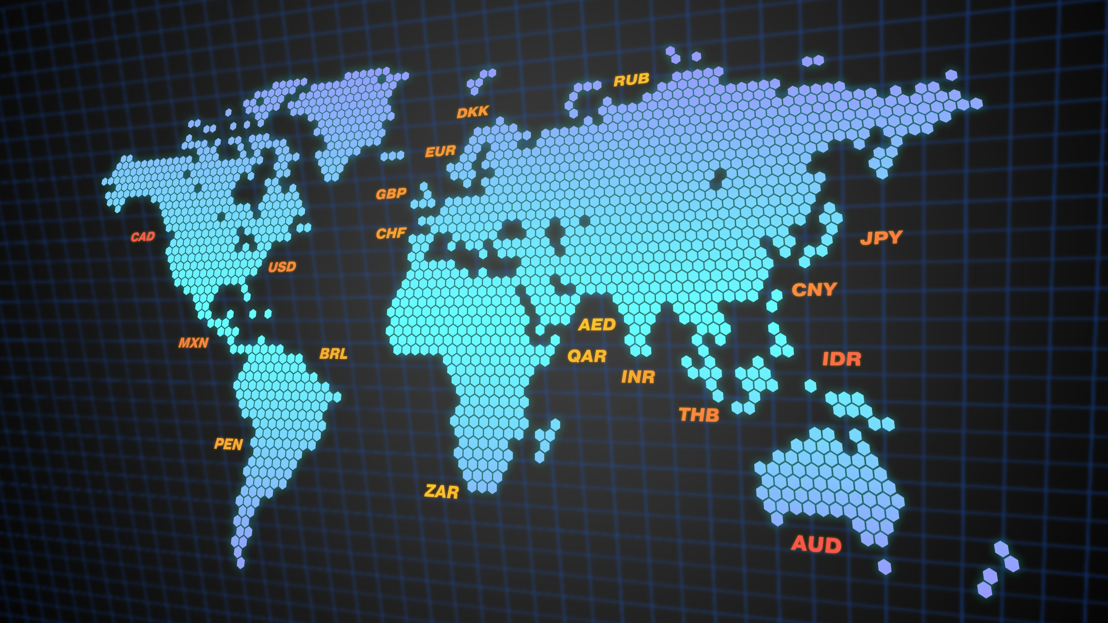 Mapa del mundo en tonos azules y verdes con códigos de moneda mostrados