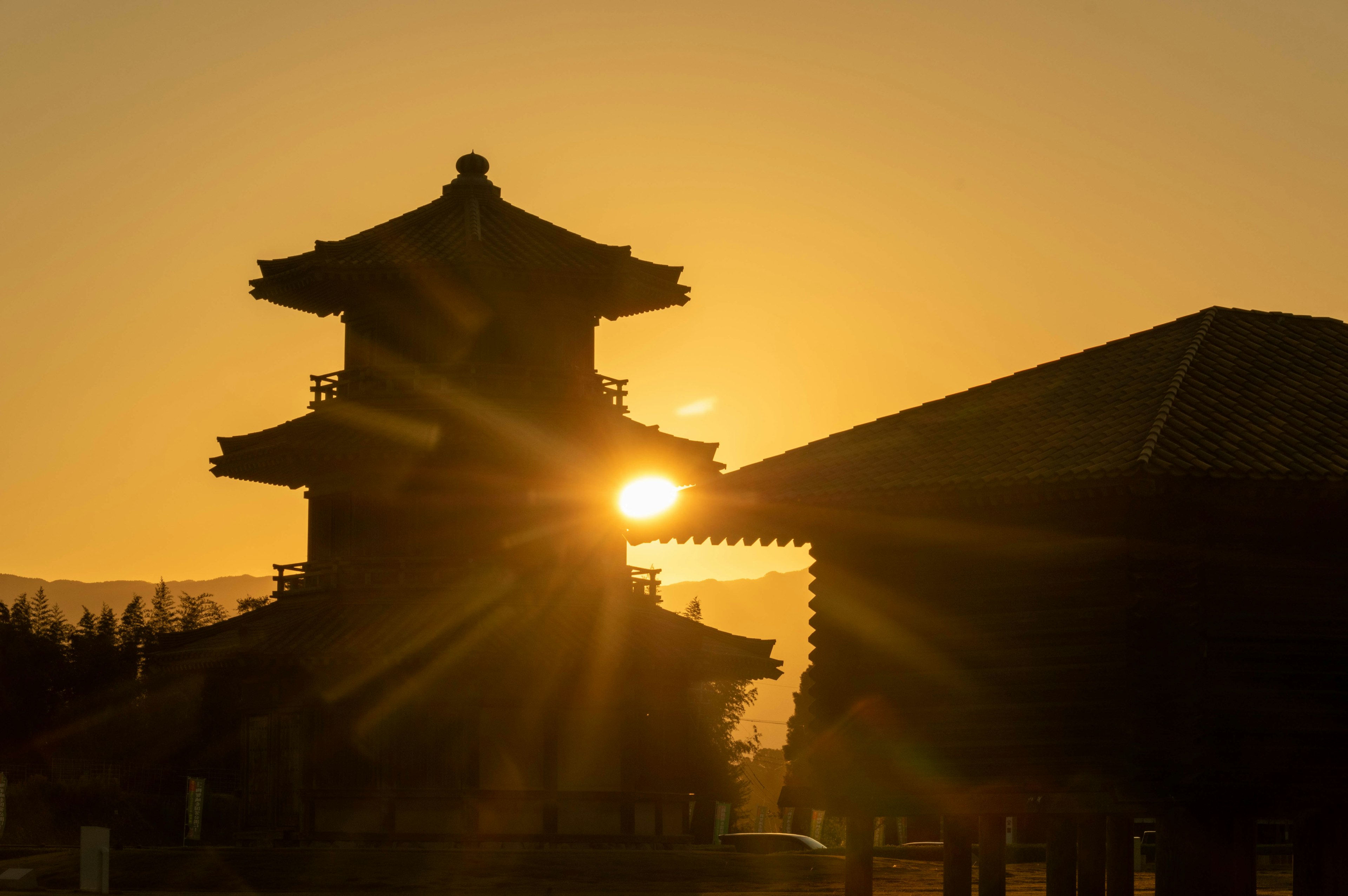 夕阳下传统亚洲建筑和塔的轮廓