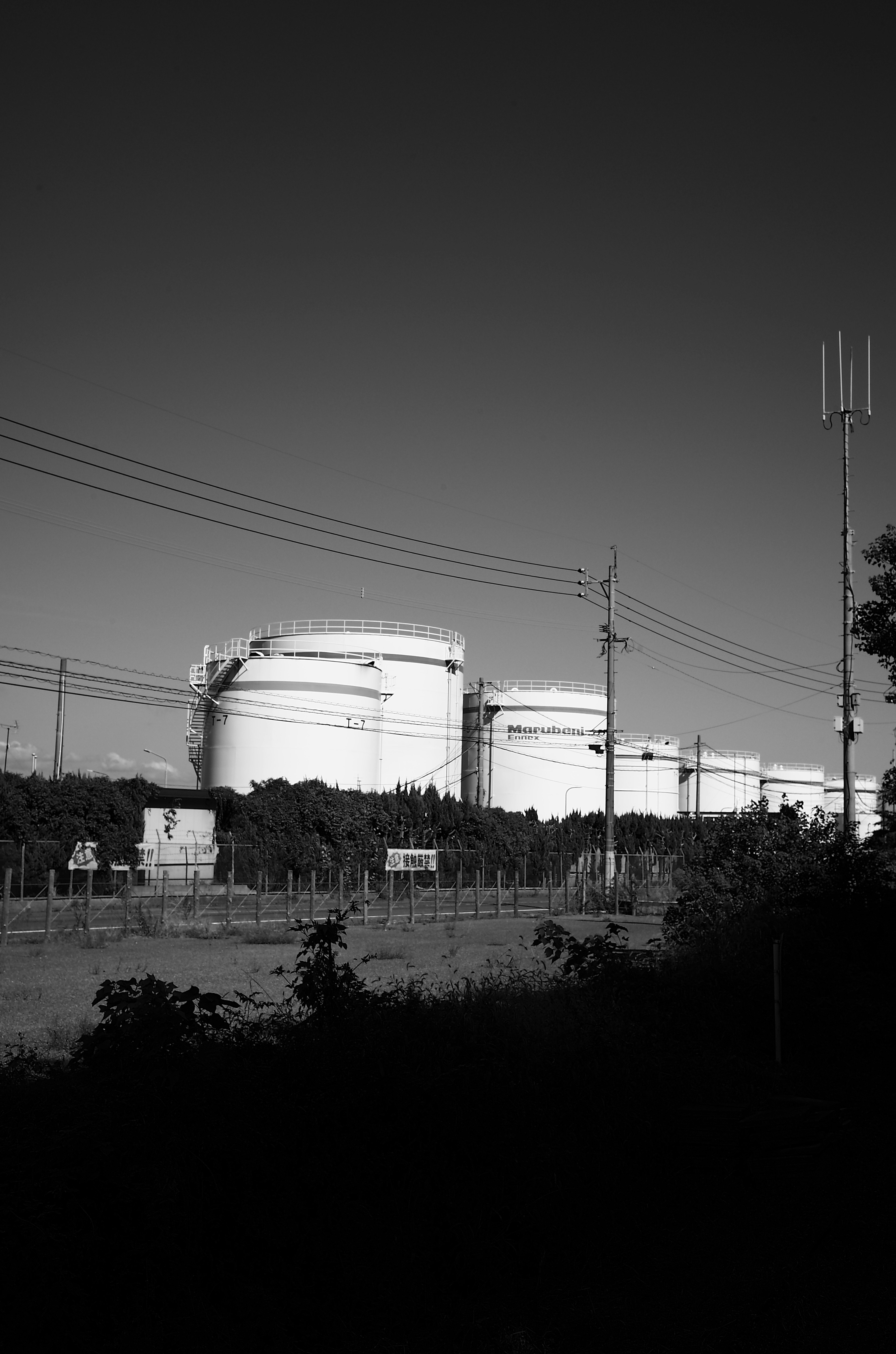 Black and white image of large storage tanks and power lines